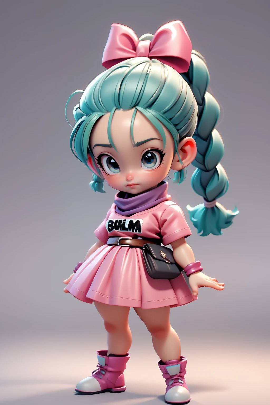 <lora:bulma_9:1>, dragon ball, blmpony, aqua hair, hair ribbon, braided ponytail, pink shirt, belt, scarf, pink skirt, clothes writing, brown gloves, . chibi style, short legs, short feet, short hands, top-heavy, mini body, small body, big head, big head doll, chibi, tiny human being, minimesdfinal, 1girl minime, 1girl, solo, looking at viewer, <lora:MiniMeSDFINAL:0.5>. detailed hair strands, detailed iris. <lora:OverallDetail:1><lora:OverallDetail:1>
