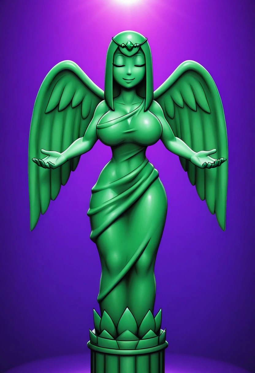 solo female, Angel, green statue, female statue, green toga, tiara with gem in center, green wings, eyes closed, smile, beautiful, big breasts, curvy, standing on pillar, purple room, cinematic lighting, 3D, high quality, masterpiece, 4K UHD, absurdres