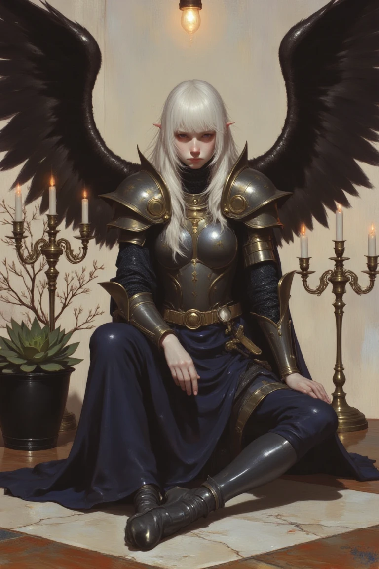 portpaintstudy, A hyper-realistic digital portrait of a female knight with pale skin and long, flowing white hair, inspired by Saber from Fate/stay night. She wears a flowing deep navy blue armored robe with golden accents, embodying a regal yet fierce warrior spirit. Black wings, sharp and sleek, extend from her back, giving her an ethereal presence that contrasts with her powerful form. She sits on a polished marble floor in an elegant pose, one leg crossed over the other, her hand resting on her knee with a gentle yet commanding gaze. The minimalist room features soft beige walls and a warm wood floor, dimly lit by a suspended downlight that casts subtle shadows on the surface of her armor and wings. Beside her is a potted succulent plant with thin, delicate leaves in a matte black pot, its greenery adding a touch of life to the otherwise serene atmosphere. Antique candelabras sit in the background, their flickering candlelight enhancing the surreal, historic vibe of the scene.