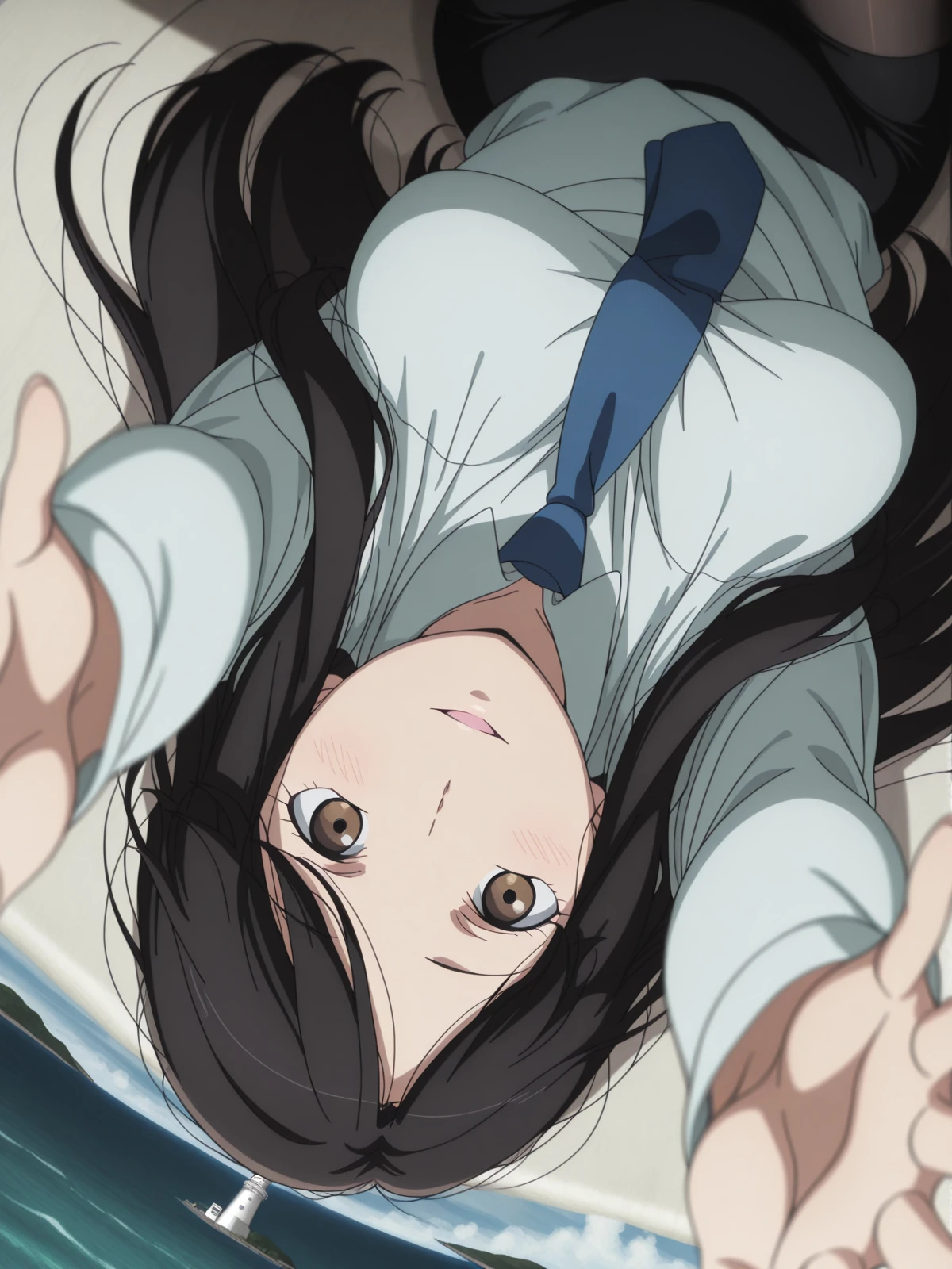 masterpiece, best quality, amazing quality,, <lora:yuki-kaizuka-s1-illustriousxl-lora-nochekaiser:1>, yuki kaizuka, long hair, black hair, brown eyes, mature female, medium breasts, anime screencap,, skirt, pantyhose, necktie, pencil skirt, long sleeves, collared shirt,, <lora:upside-down-reaching-towards-viewer-illustriousxl-lora-nochekaiser:1>, upside-down reaching towards viewer, solo, looking at viewer, blush, smile, open mouth, parted lips, lying, on back, blurry, depth of field, outstretched arms, blurry foreground, reaching, reaching towards viewer, upside-down,, lighthouse, light, sea, tall, guidance, cowboy shot, solo, looking at viewer,