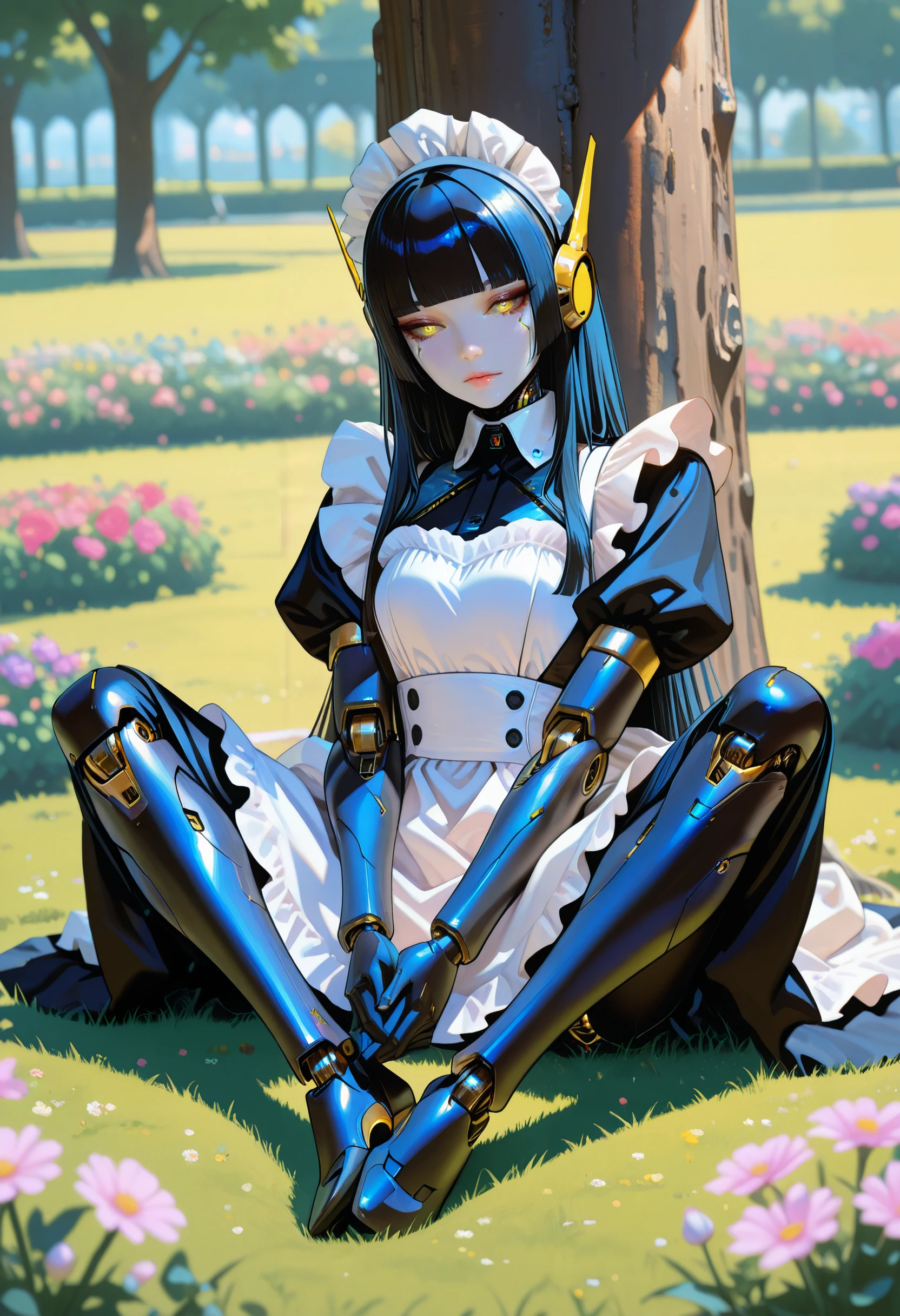 masterpiece, very aesthetic, best quality, absurdres, newest,
<lora:ILJABlH:1>
JABlH, 1girl, black hair, maid headdress, yellow eyes, long hair, sidelocks, robot ears, android, blunt bangs