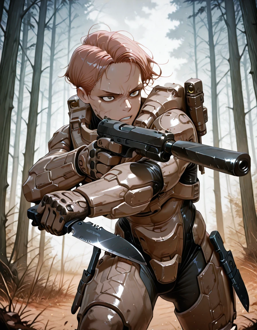 score_9, score_8_up, score_7_up, linda-058, armor, bodysuit, forest, serious face, short hairs, bared teeth, pistol_x_tac_knife, holding weapon, pistol, knife, aiming, crossed