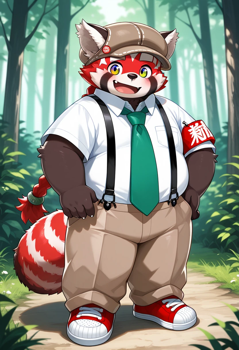 vibrant, detailed, detailed background, majestic atmosphere, dreamlike atmosphere, absurdres, newest, highres, <lora:zhurong-v1-15:1> tas-zhurongb, red_panda, 1boy, brown fur, light black deerstalker, white shirt, green necktie, red armband, black (suspenders), light brown pants, red sneakers, green hair_ornament, single-lens_reflex_camera, plump, young, aged_down:0.5, forest,