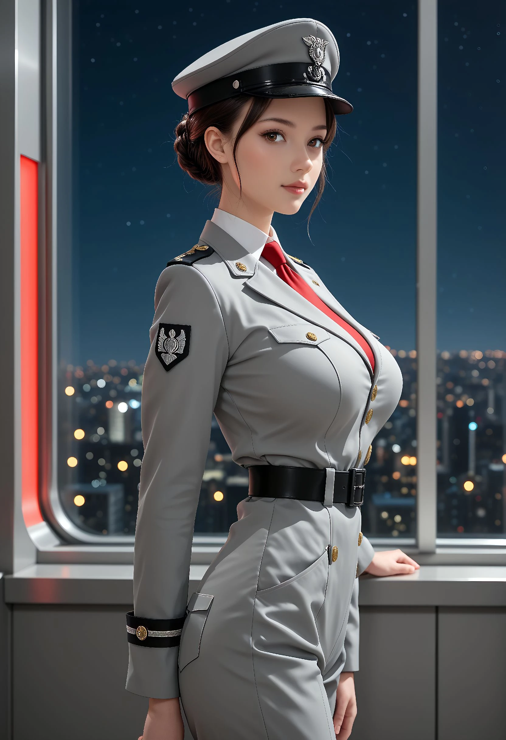 masterpiece, best quality, (highly detailed:1.4),C02-Angel-Qin, pretty girl, cute, short hair, brunette hair,no bangs, braided bun,   D025,(silver military uniform:1.15), tailored jacket with gold buttons, trousers with red strips, white shirt, red tie, black knee-high boots, officer's cap, black belt, badge, shoulder patches, ,    standing with one hand on her hip, Virtual Reality World, Digital realm with vibrant landscapes, fantastical creatures, and avatars,,  (cowboy shot:1.3), (looking at viewer:1.3), (tilting to side), (from side:1.3), aesthetic, absurdres, UHD, high res,