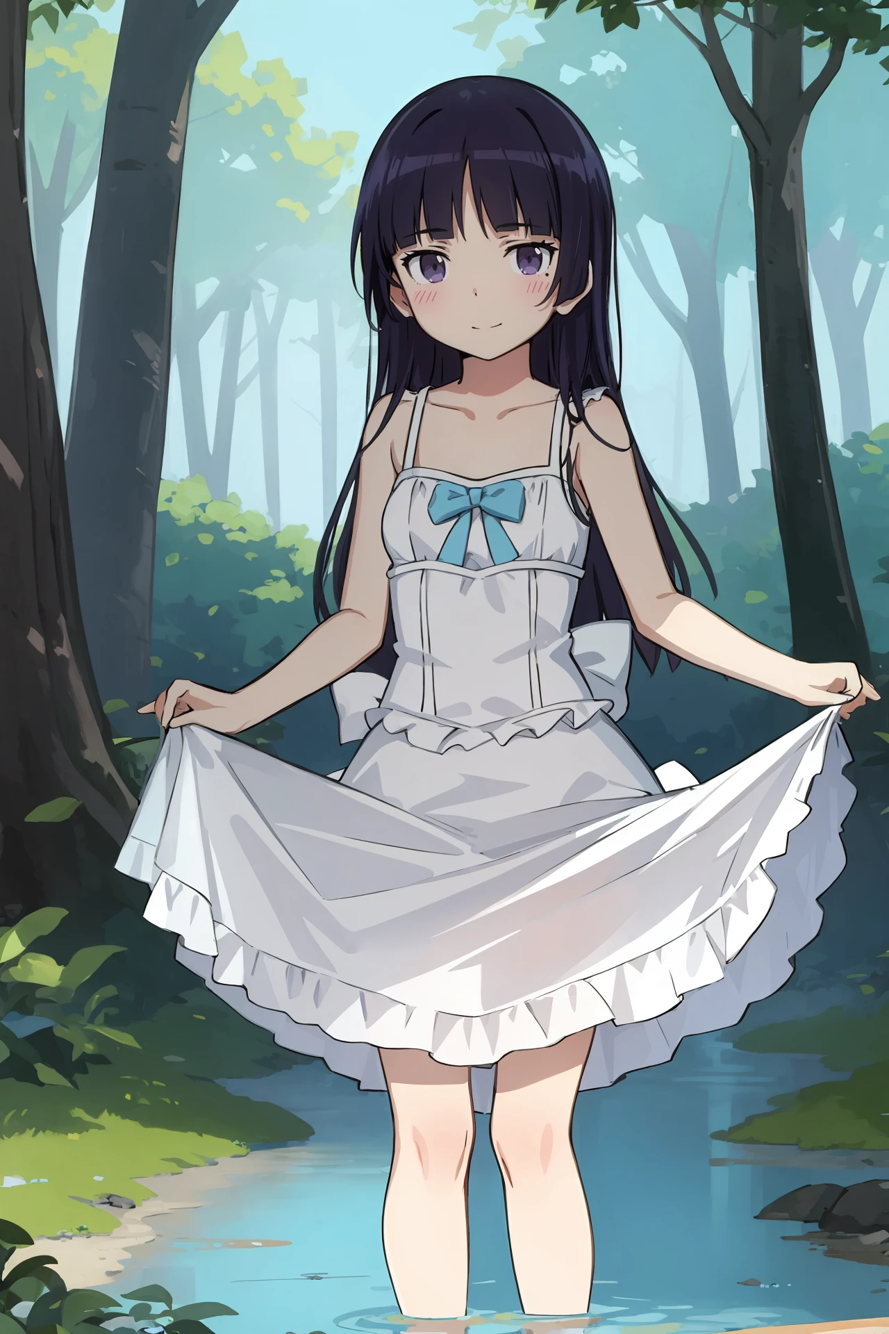 (best quality, masterpiece:1.2), <lora:Char-Gokou_Ruri-V1-SD1.5:0.9:hr=0.6>, 1girl, solo, gokou ruri, (sundress, white dress, sleeveless dress:1.2), bare legs, stream, wading, (skirt hold, curtsey: 1.2), looking at viewer, light smile, forest, depth of field