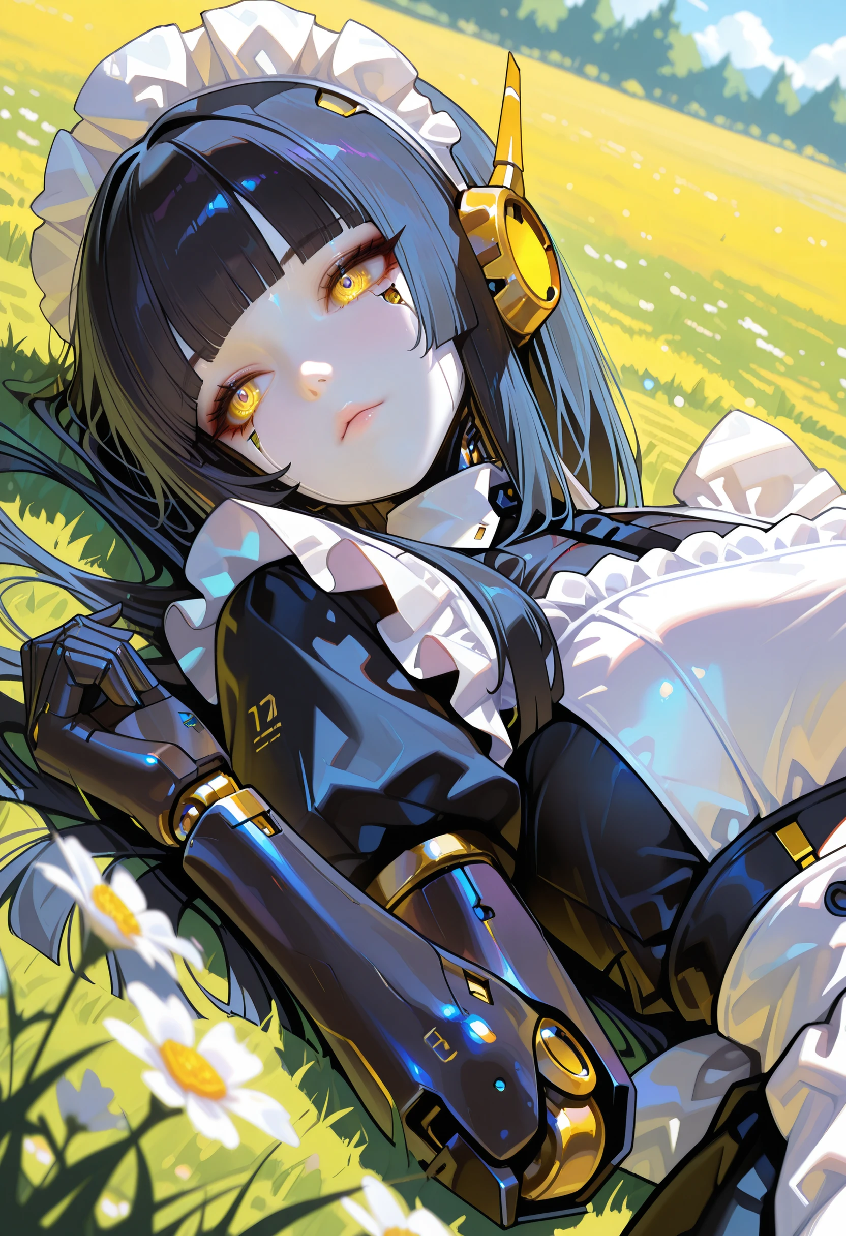 masterpiece, very aesthetic, best quality, absurdres, newest,
<lora:ILJABlH:1>
JABlH, 1girl, black hair, maid headdress, yellow eyes, long hair, sidelocks, robot ears, android, blunt bangs