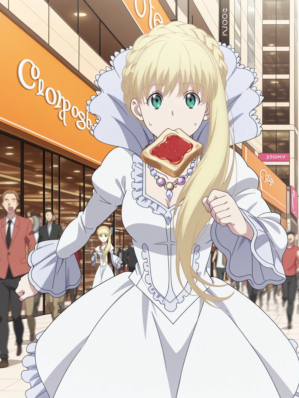 masterpiece, best quality, amazing quality,, <lora:asseylum-vers-allusia-s1-illustriousxl-lora-nochekaiser:1>, asseylum vers allusia, long hair, blonde hair, green eyes, braid, mature female, medium breasts, anime screencap,, dress, jewelry, necklace, white dress, frills, puffy sleeves, frilled skirt,, <lora:food-in-mouth-running-illustriousxl-lora-nochekaiser:1>, food in mouth running, food in mouth, running, bread, bread slice, food, toast in mouth, toast, sweatdrop, motion lines, motion blur, outdoors, cowboy shot, mall, shops, people, shopping, big, cowboy shot, solo, looking at viewer,