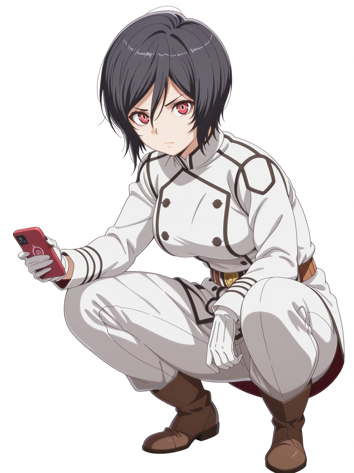 masterpiece, best quality, amazing quality,, <lora:akudama-apprentice-s1-illustriousxl-lora-nochekaiser:1>, apprentice, short hair, black hair, red eyes, hair between eyes, mature female, medium breasts, anime screencap, gloves, belt, white gloves, uniform, military, military uniform,, <lora:slav-squatting-illustriousxl-lora-nochekaiser:1>, slav squatting, solo, looking at viewer, holding, closed mouth, full body, phone, squatting, cellphone, smartphone, holding phone,, tavern, drinks, rustic, friends, old, cowboy shot, solo, looking at viewer, <lora:transparent-background-illustriousxl-lora-nochekaiser:1>, transparent background, simple background, white background