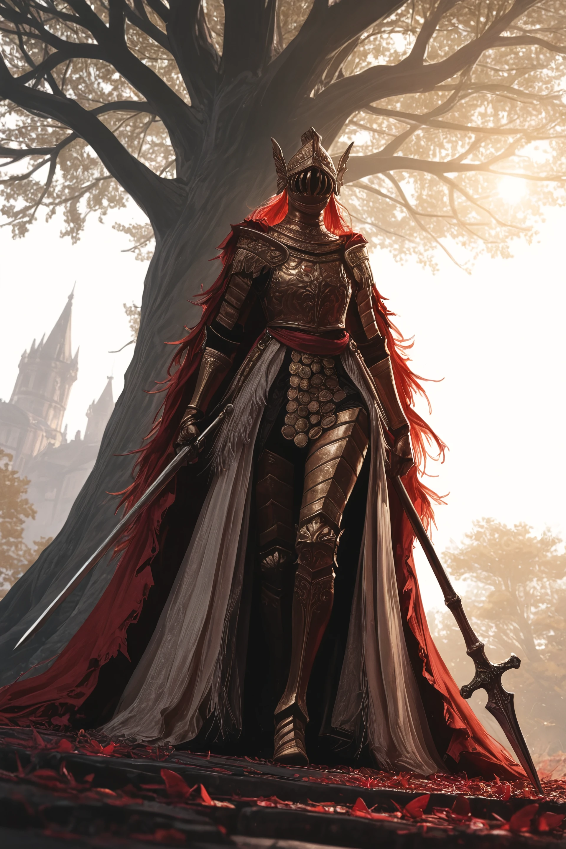 (((hyper realistic))), detailed, realistic volumetric lighting, realistic background, high quality, perfect resolution, movie shot, absurdres, high quality, masterpiece, best quality, amazing quality, very aesthetic, absurdres, newest, pixelsketcher, 4s0r4, Kenorland, kenorland, Lambdapen,
BREAK,
Female, Curvy, very tall, long arms, long legs, solo, elden ring, Cleanrot Knight, Golden armor, Scarlet cape, (small visor on the helmet, curvy Vertical slit visor helm), Ornate chest armor, Etched breastplate design, Heavy iron gauntlets, Gilded armored greaves, Scarlet cloth sash, White hanging tassels, white Layered fabric skirt, Flowing red cape, Tattered battle cloak, Frayed crimson mantle,
BREAK,
walking, (Left hand: holding one Spear, Right hand: holding one sword), bend forward, leaning on spear,
BREAK,
City at day background, detailed background, warm lights, golden city, (scarlet rot), plants, giant dead tree in the background, cinematic lighting, day, sunlight, sun, crimson leaf trees, crimson butterflies, medieval city, BREAK, <lora:ILXL_Realism_Slider_v1 by klaabu @ civitai.com - thanks, cunt!:3> IllusP0s cr1sp F4st <lora:69yottea_illu_v2:0.7> 69yottea_style_illu,BREAK,White background, <lora:Cleanrot 3:1>