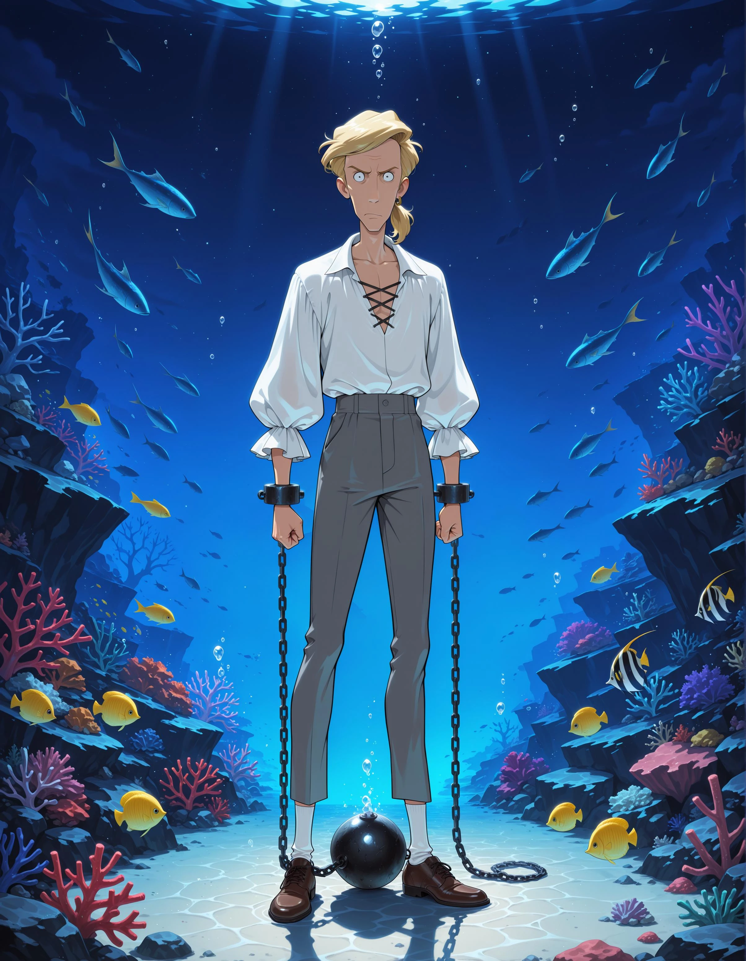 masterpiece, best quality, highres, absurdres, incredibly absurdres, very awa, very as2, anime screenshot, anime coloring, flat color, guybrush, 1boy, solo, blonde hair, constricted pupils, ponytail, hoop earrings, single earring, white shirt, cross-laced top, puffy sleeves, shirt tucked in, grey pants, white socks, brown shoes, full body, standing, looking at viewer, annoyed, chained, chained wrists, ball and chain restraint, outdoors, night, night sky, submerged, air bubble, fish, tropical fish, coral, complex exterior, absurdly detailed composition, dark, chiaroscuro