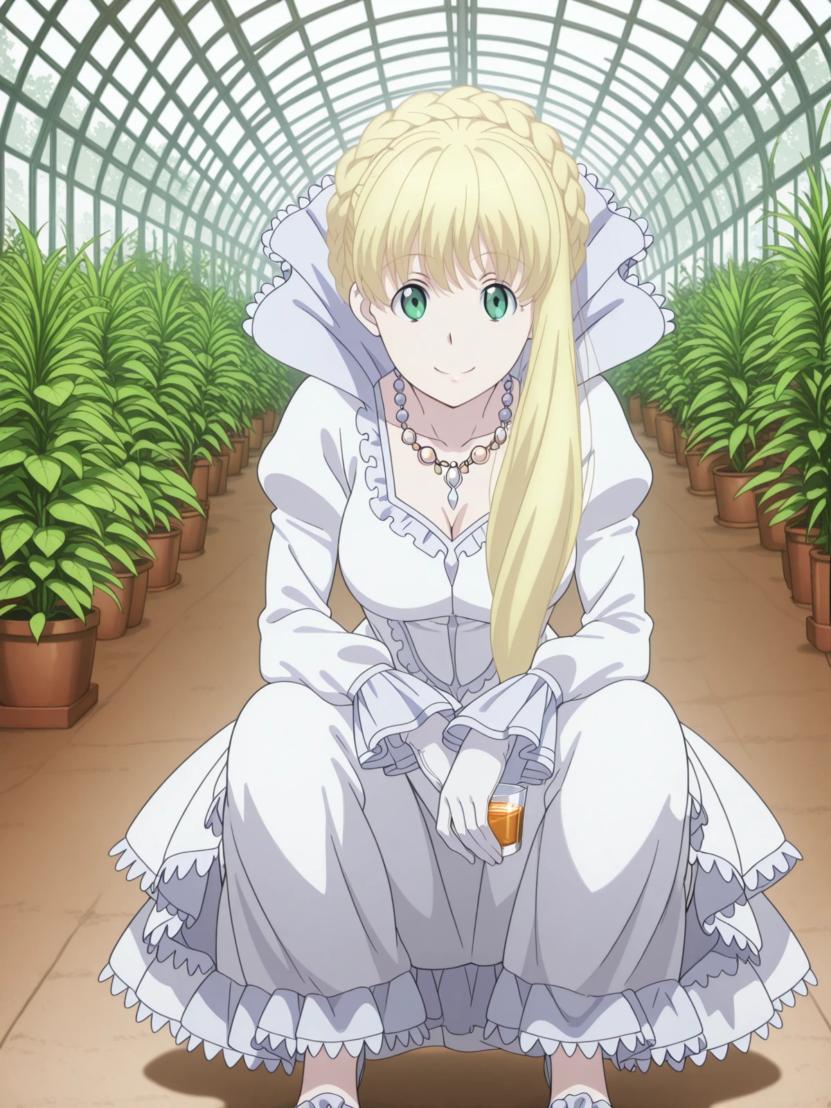 masterpiece, best quality, amazing quality,, <lora:asseylum-vers-allusia-s1-illustriousxl-lora-nochekaiser:1>, asseylum vers allusia, long hair, blonde hair, green eyes, braid, mature female, medium breasts, anime screencap,, dress, jewelry, necklace, white dress, frills, puffy sleeves, frilled skirt,, <lora:slav-squatting-illustriousxl-lora-nochekaiser:1>, slav squatting, solo, looking at viewer, smile, gloves, holding, full body, squatting, looking at viewer, greenhouse, plants, glass, warm, growth, cowboy shot, solo, looking at viewer,