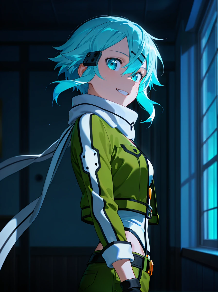 HDR, 8K, high contrast, masterpiece, best quality, amazing quality, very aesthetic, high resolution, ultra-detailed, absurdres, anime still, anime screencap, anime coloring, anime shading , shiny skin, looking at viewer, , indoors night moonlight, bedroom <lora:sinonSAO:1>Sinongungale, 1girl, solo, blue eyes, fingerless gloves,hairclip scarf,  short hair,  hair ornament, hairclip, , , blue hair, black gloves, , green jacket, green_pants , from side, looking at viewer, smile, floating hair,, clenched teeth, happy, upper body,