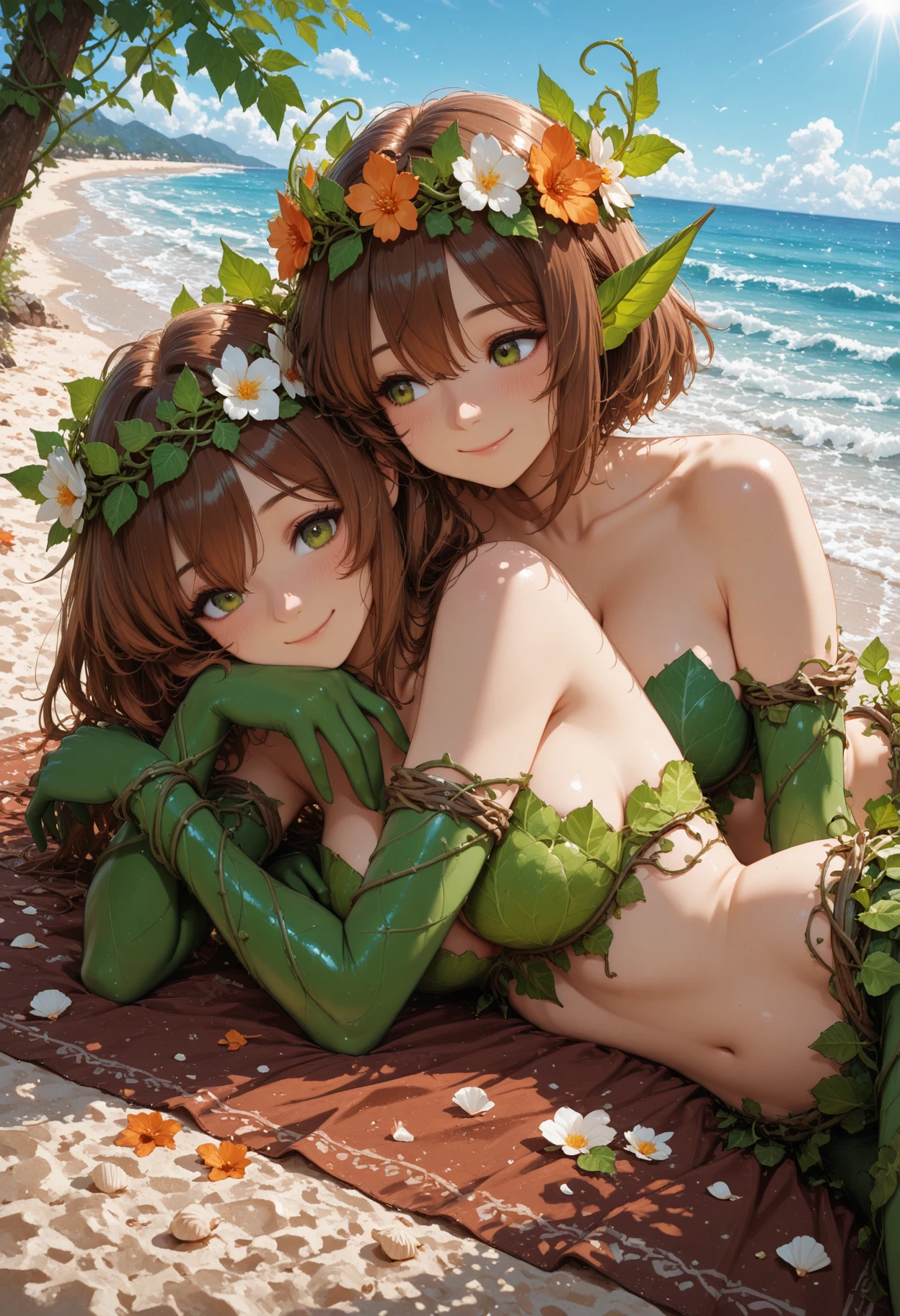 newminimalismcore, dryad, flower_crown, leaf_outfit, ivy_gloves, short_brown_hair, leaf_ears green_eyes, 2girls, lying side by side on beach towel, facing the camera with relaxed smiles, one resting her head on the other's shoulder, fingers intertwined in the sand, sun-kissed skin, seashells around, blue sky with few clouds, ocean waves softly visible in background, warm lighting, summer atmosphere, slight blush, soft shading