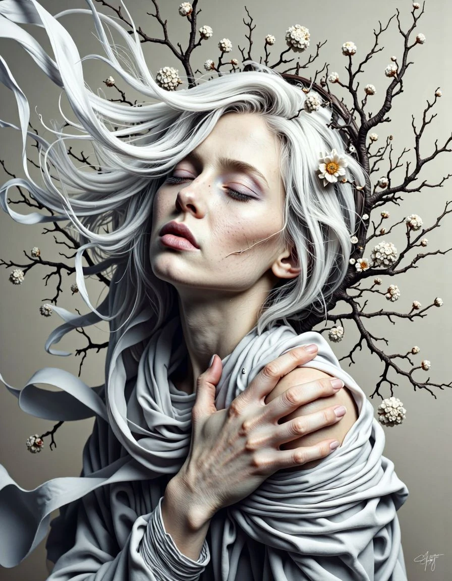 A hauntingly beautiful image of a woman with long, white, flowing hair and a pale complexion, her eyes closed in peaceful repose, surrounded by delicate, dried branches and wisps of white fabric, against a soft, muted background. Rendered in a **surrealist painting** style, where elements are subtly distorted or placed in unexpected contexts, creating a dreamlike and symbolic narrative. The dried branches might float around her, and the fabric could transform into organic forms, inviting deeper interpretation.
<lora:Flux_Krea_Blaze_Lora-rank64:1>  <lora:whiter-shade-of-pale:1>