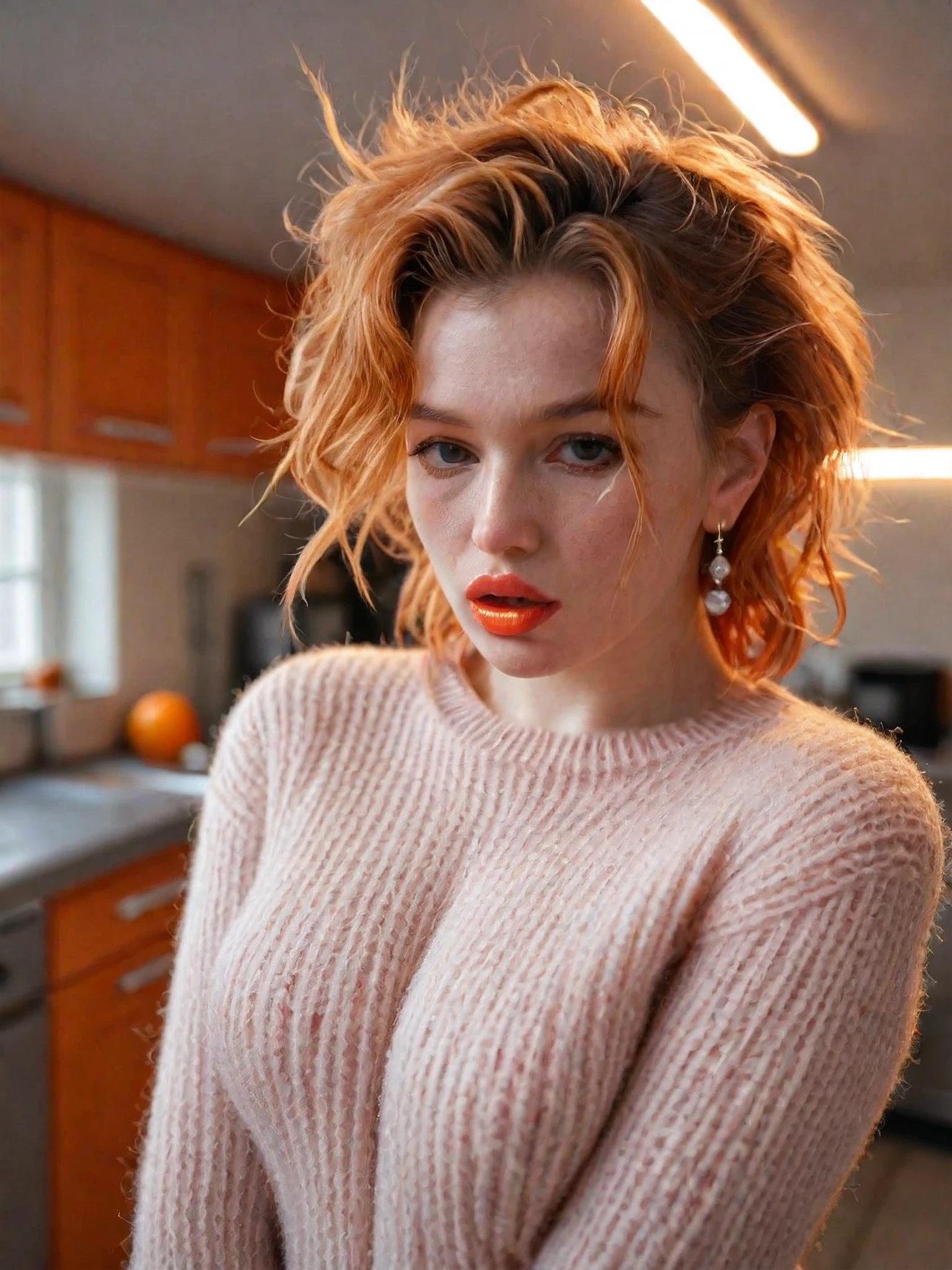aptquin, fujifilm xt3, natural skin texture, parted lips, (pink lip gloss), lip focus, detailed lips, photograph, messy hair, absurdres, masterpiece,dynamic pose,(sweater dress, earrings) facing viewer, kitchen,, ceiling, blurry background, shallow depth of field, cinematic, ((((orange))))