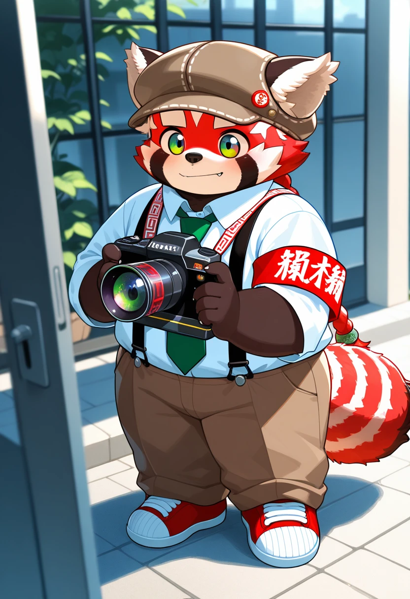 vibrant, detailed, detailed background, majestic atmosphere, dreamlike atmosphere, absurdres, newest, highres, BREAK, <lora:zhurong-v1-15:1> tas-zhurongb, red_panda, 1boy, brown fur, light black deerstalker, white shirt, green necktie, red armband, black (suspenders), brown pants, red sneakers, green hair_ornament, single-lens_reflex_camera, chubby:0.5, young, aged_down:0.5,