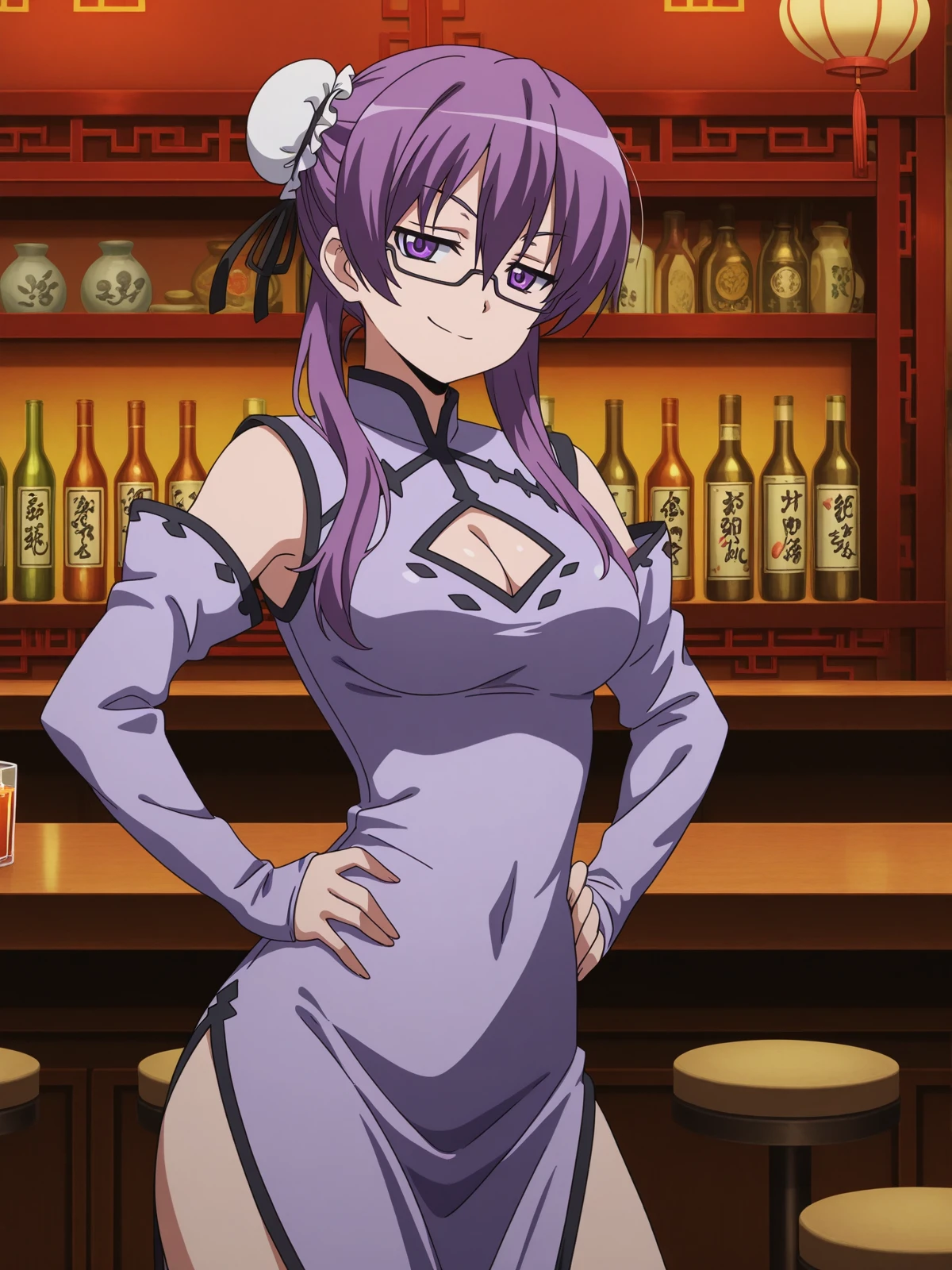 masterpiece, best quality, amazing quality,, <lora:agk-sheele-s1-illustriousxl-lora-nochekaiser:1>, sheele, long hair, purple eyes, purple hair, glasses, hair bun, single hair bun, bun cover, mature female, medium breasts, anime screencap, dress, cleavage, detached sleeves, clothing cutout, chinese clothes, cleavage cutout, china dress,, smug, hands on own hip,, bar, drinks, stools, counter, nightlife, cowboy shot, solo, looking at viewer,
