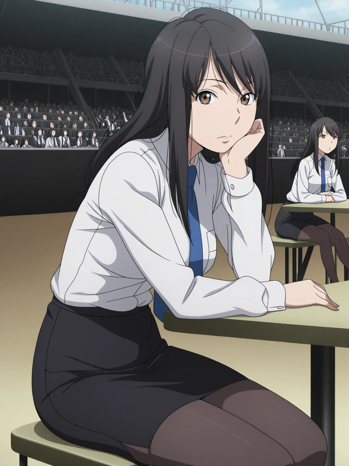 masterpiece, best quality, amazing quality,, <lora:yuki-kaizuka-s1-illustriousxl-lora-nochekaiser:1>, yuki kaizuka, long hair, black hair, brown eyes, mature female, medium breasts, anime screencap,, skirt, pantyhose, necktie, pencil skirt, long sleeves, collared shirt,, sitting, elbow rest, table,, amphitheater, seats, outdoor, stage, large, cowboy shot, solo, looking at viewer,