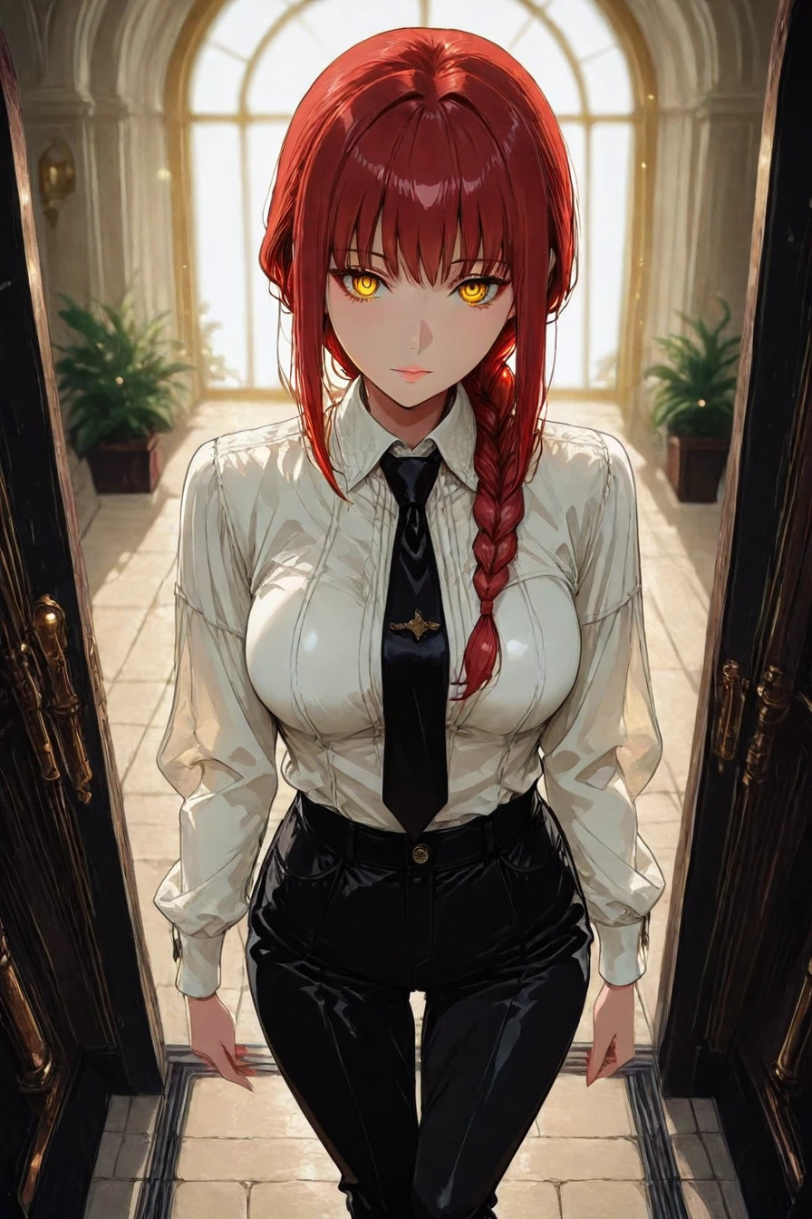 makima, red hair, long hair, yellow eyes, ringed eyes, braid, white collared shirt,black necktie, black pants, 1girl, solo, alone,<lora:elegant_waifu_style_illustriousXL-000031:1>, elegant_waifu_style, masterpiece, highres