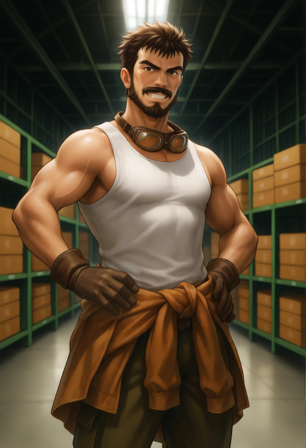 masterpiece,best quality,
anime coloring,
1boy,manly,bara,strongman waist,
g3r31nt,brown hair,short hair,full beard,mustache,thick eyebrows,brown eyes,
white tank top,jacket around waist,goggles around neck,brown gloves,
facing viewer,looking at viewer,grin,
cowboy shot,
bloom,indioors,warehouse,
depth of field,blurry background,atmospheric perspective,
<lora:gereint_bg_NAI_EPS_1_1_CAME_v1_rev3:1>,âââ