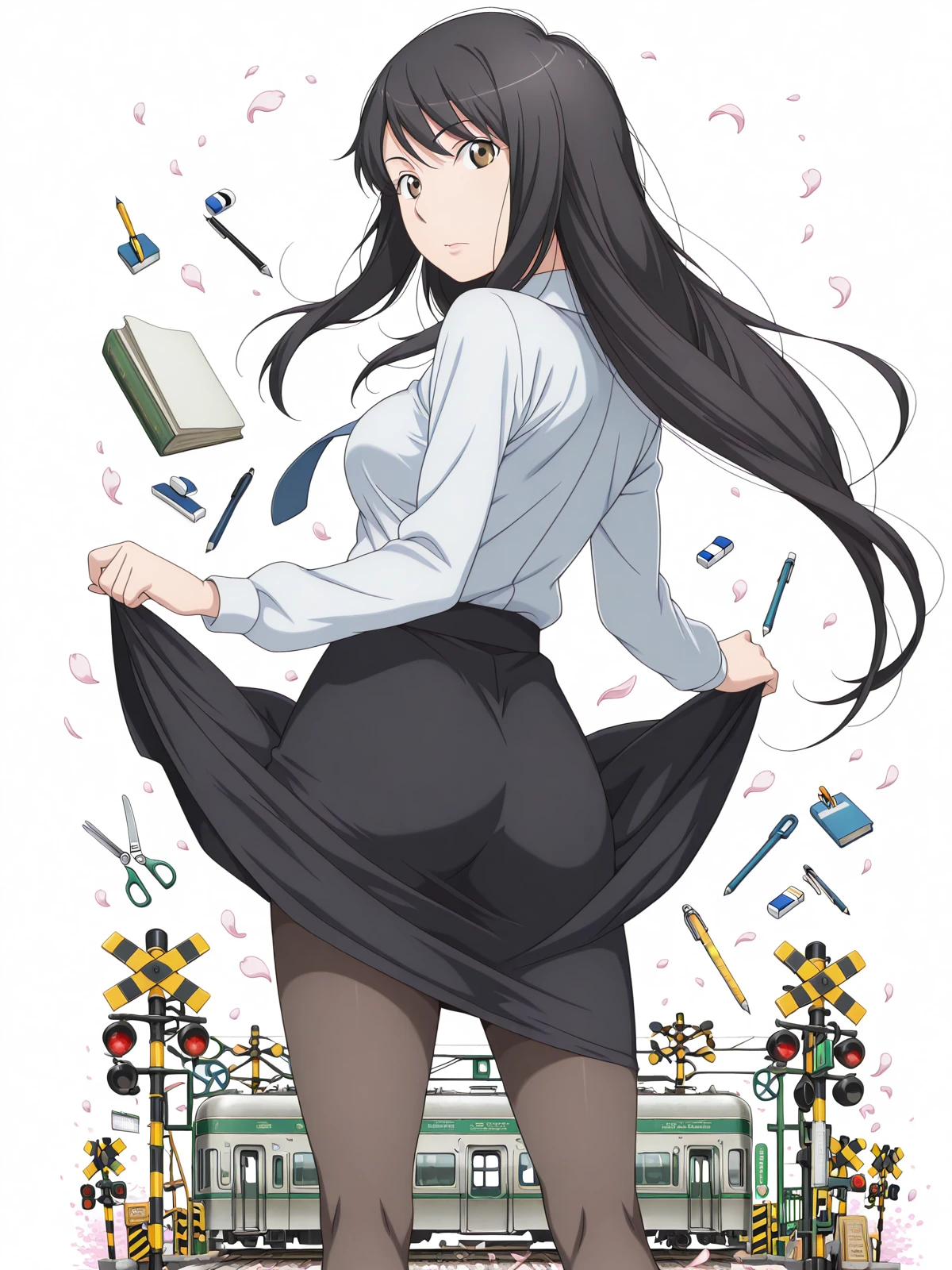 masterpiece, best quality, amazing quality,, <lora:yuki-kaizuka-s1-illustriousxl-lora-nochekaiser:1>, yuki kaizuka, long hair, black hair, brown eyes, mature female, medium breasts, anime screencap,, skirt, pantyhose, necktie, pencil skirt, long sleeves, collared shirt,, <lora:senjougaharahitagi-skirt-lift-pose-illustriousxl-lora-nochekaiser:1>, senjougaharahitagi skirt lift pose, solo, skirt, looking back, from behind, clothes lift, book, petals, skirt lift, skirt hold, pen, pencil, scissors, eraser, mechanical pencil, ruler, boxcutter, impossible storage,, railroad crossing, sign, gate, train, street, cowboy shot, solo, looking at viewer, <lora:transparent-background-illustriousxl-lora-nochekaiser:1>, transparent background, simple background, white background