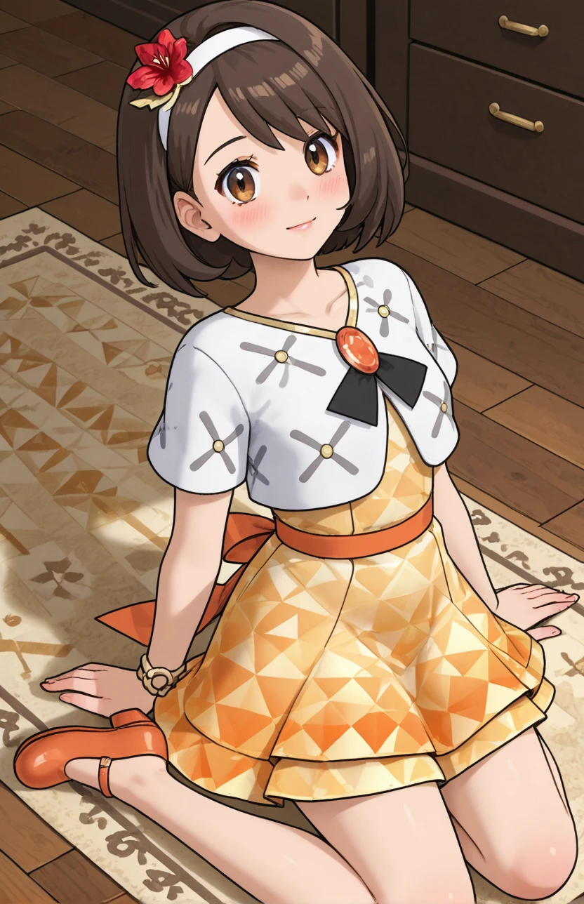 2d, masterpiece, best quality, amazing quality, highres, absurdres, newest, 1girl, solo, kneeling, seiza, from above, dutch angle, looking at viewer, carpet, wooden floor, aged up, annigloria, gloria \(pokemon\), brown hair, brown eyes, short hair, jewelry, hairband, hair flower, red flower, brooch, cropped jacket, white jacket, short sleeves, orange dress, layered dress, medium dress, single bracelet, gold bracelet, shoes, mary janes, orange footwear, score_9, score_8_up,score_7_up,source_anime