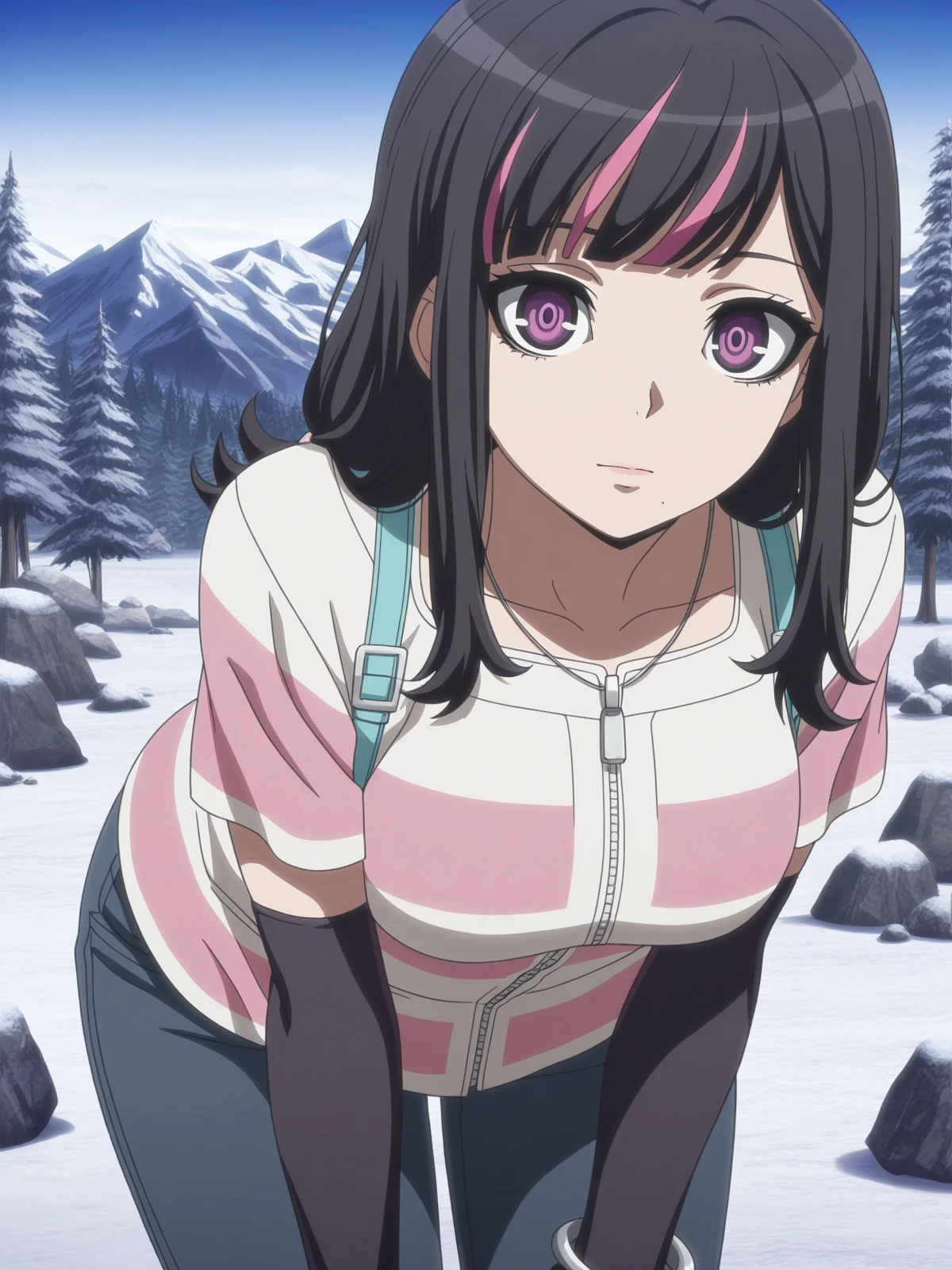 masterpiece, best quality, amazing quality,, <lora:akudama-swindler-s1-illustriousxl-lora-nochekaiser:1>, swindler, bangs, black hair, purple eyes, pink hair, multicolored hair, mole, two-tone hair, streaked hair, mole under mouth, mature female, , anime screencap, shirt, gloves, jewelry, black gloves, elbow gloves, striped, fingerless gloves, bracelet,, leaning forward,, mountain, rock, height, snow, trees, cowboy shot, solo, looking at viewer,