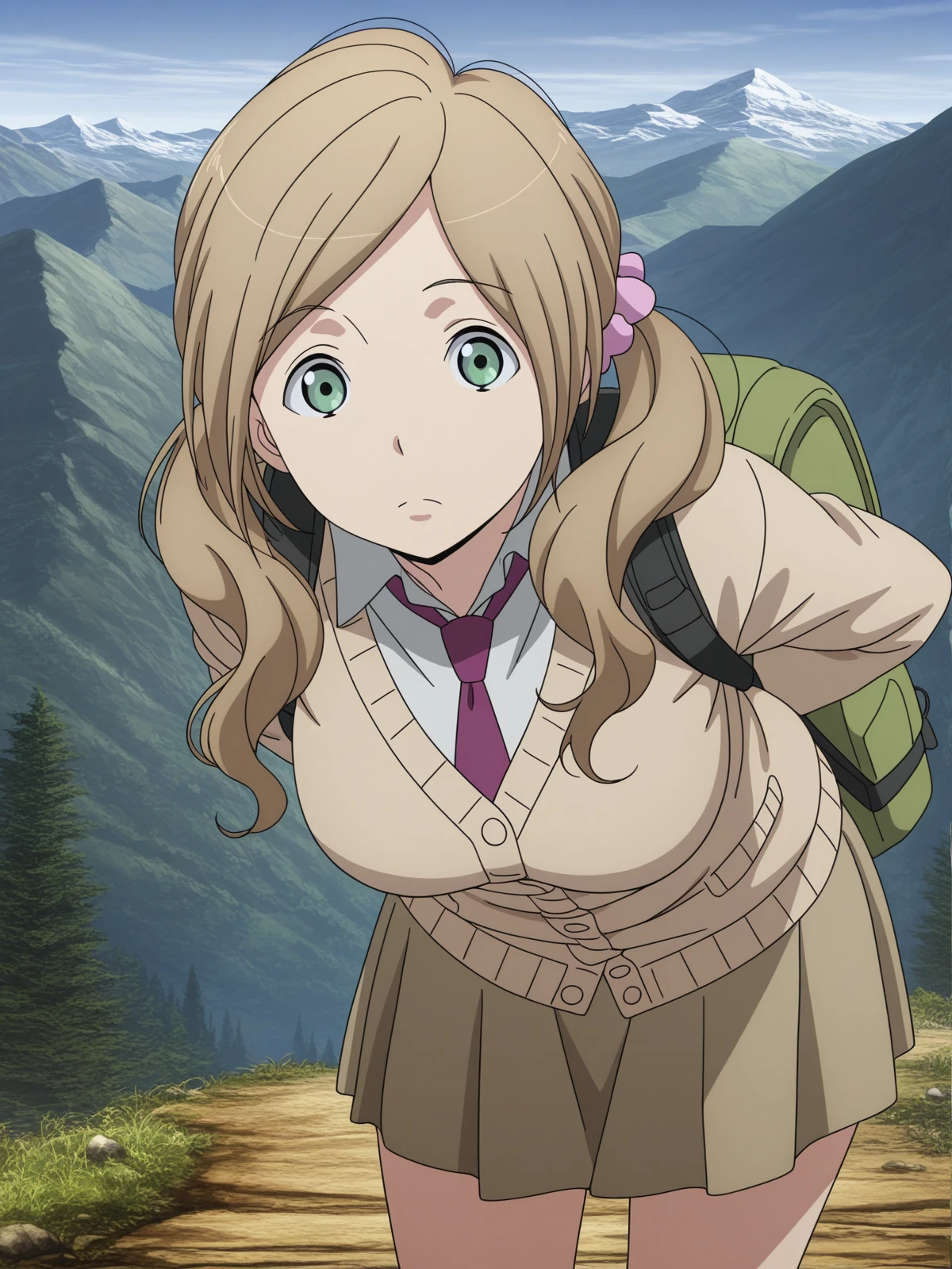 masterpiece, best quality, amazing quality,, <lora:nina-klein-s1-illustriousxl-lora-nochekaiser:1>, nina klein, long hair, brown hair, green eyes, twintails, scrunchie, mature female, medium breasts, anime screencap,, skirt, necktie, cardigan, necktie,, hands behind back, bent over,, mountain trail, hiking, nature, backpack, adventure, fresh air, cowboy shot, solo, looking at viewer,