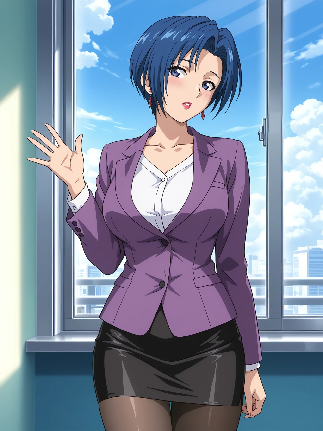 masterpiece, best quality, highres, absurdres, very awa, shiny skin,
Aojika Mizuho, a girl is standing, cowboy shot, three quarter view, from side, waving, arm at side, hand up,
1girl, mature female, solo,
looking at viewer, blush, parted lips, head tilt, turning head, sideways glance,
blue hair, short hair, blue eyes, earrings, lipstick,
purple blazer, white shirt, black skirt, pencil skirt, black pantyhose,
collarbone,
indoors, room, window, day, blue skies, clouds,
<lora:Aojika Mizuho NoobAIXL EPS IL:1>