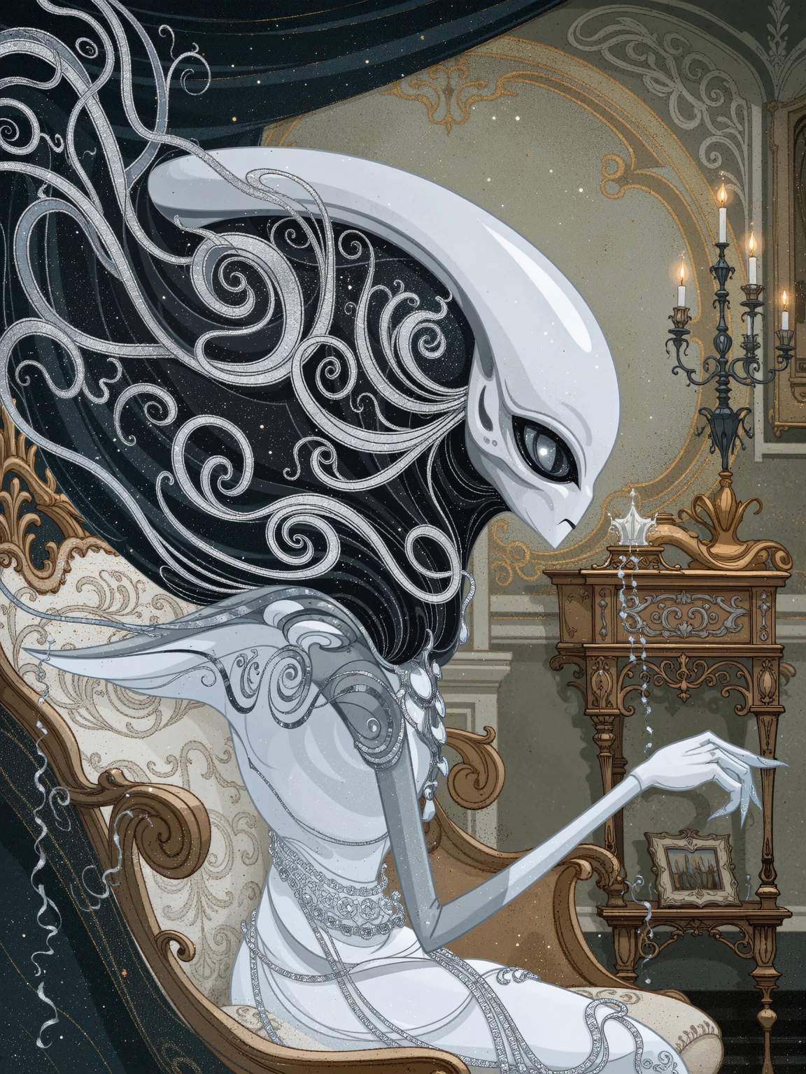 Whimsical, storybook-inspired folk art with flowing, dreamlike details. In a dimly lit, ornate Victorian-style parlor, a profile portrait of an alien's upper body is captured in a low-angle, tight shot. The extraterrestrial's skin is made of smooth, white, shiny porcelain, with a subtle matte finish, devoid of any reflections or highlights. Delicate, fine pores are visible on its skin, giving it a lifelike texture. Its elongated face is slender, with high cheekbones and a petite nose, creating a gentle, ethereal profile. Its eyes are almond-shaped, with irises that resemble polished onyx, gazing off into the distance with an air of quiet contemplation. The alien's raven-black hair is styled in an elegant, Victorian-era updo, adorned with intricate, swirling silver filigree that matches the ornate patterns on the surrounding furniture. The creature's slender, elongated fingers are