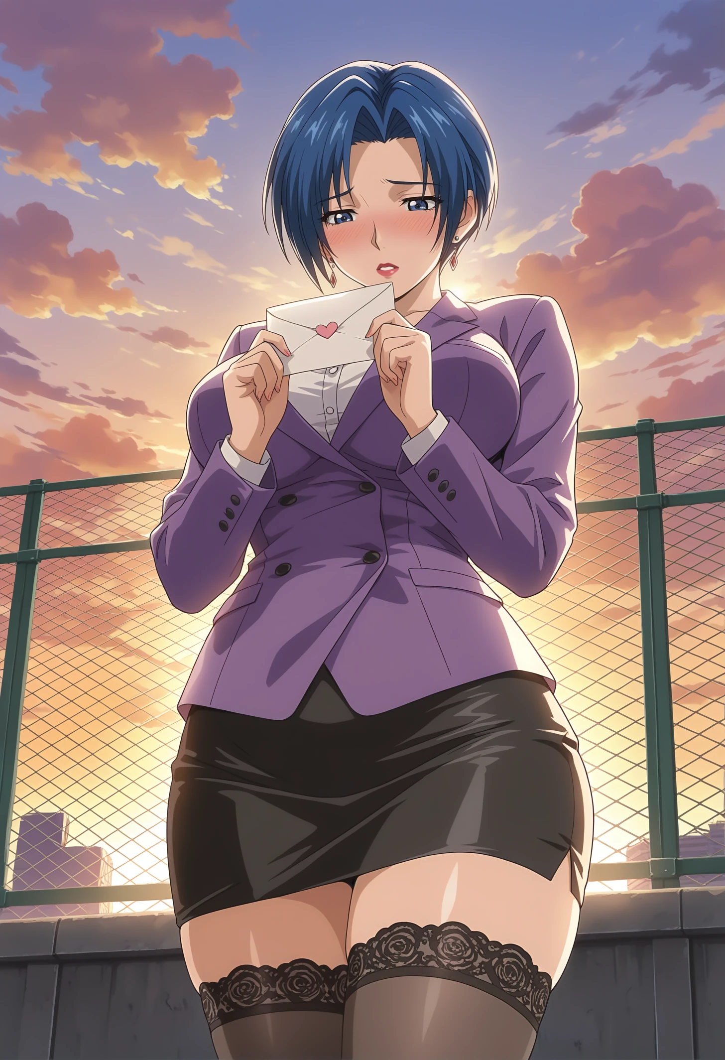 masterpiece, best quality, highres, absurdres, very awa, shiny skin, backlighting,
Aojika Mizuho, standing, cowboy shot, holding letter, love letter,
1girl, mature female, solo,
looking down, blush, parted lips, looking at letter, embarrassed,
blue hair, short hair, blue eyes, earrings, lipstick,
purple blazer, white shirt, black skirt, pencil skirt, black thighhighs, lace-trimmed legwear,
curvy, large breasts, thick thighs,
outdoors, evening, chain-link fence, on rooftop, cloudy sky,
<lora:Aojika Mizuho NoobAIXL V-pred:1>