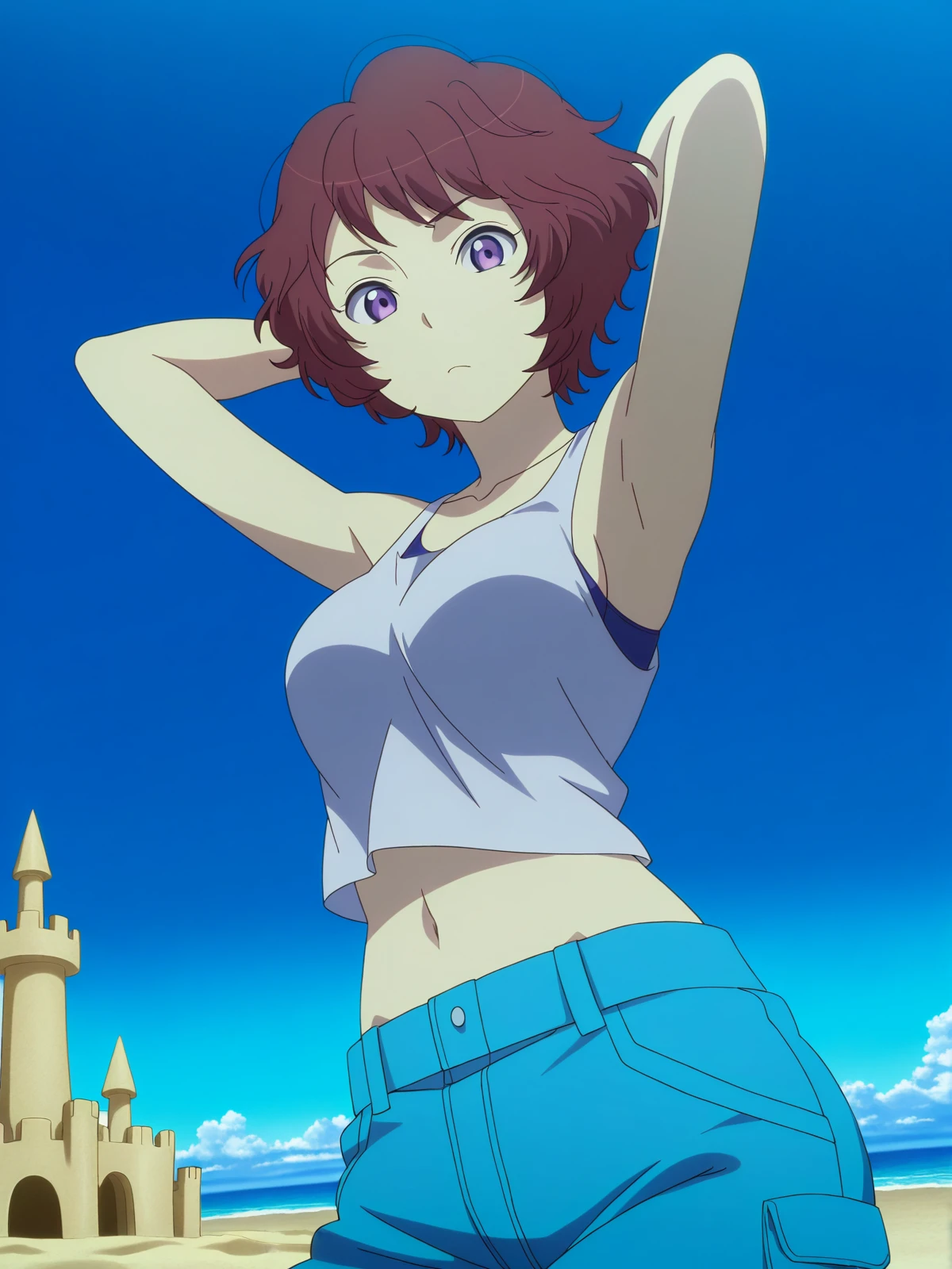 masterpiece, best quality, amazing quality,, <lora:rayet-areash-s1-illustriousxl-lora-nochekaiser:1>, rayet areash, short hair, brown hair, purple eyes, red hair, medium breasts, anime screencap,, collarbone, midriff, tank top, jumpsuit, from below, beach, sand castle, swimsuit, summer vacation, ocean wave, hands behind head, cowboy shot, solo, looking at viewer,