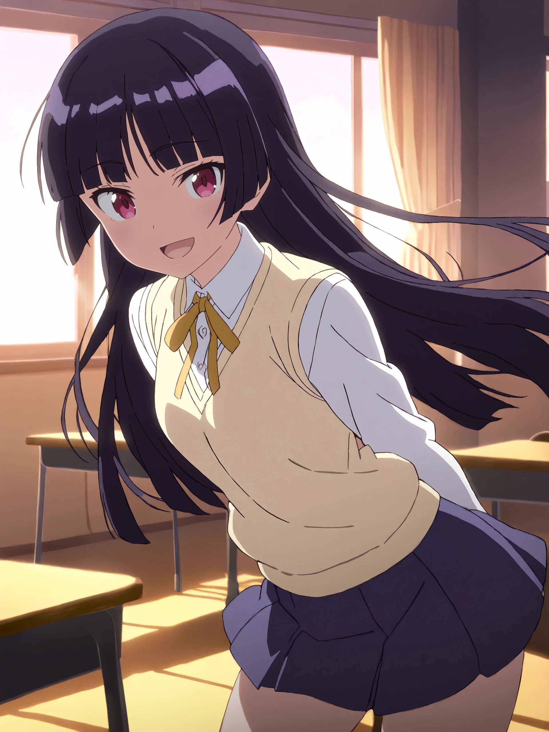 masterpiece, high score, great score, absurdres, anime screenshot, anime coloring, <lora:Char-Gokou_Ruri-V1-XL:1:hr=0.6>, 1girl, gokou ruri, solo, yellow neck ribbon, white collared shirt, yellow sweater vest, blue miniskirt, standing, contrapposto, cowboy shot, looking at viewer, smile, open mouth, sunset, classroom, school desk, window, backlighting, depth of field