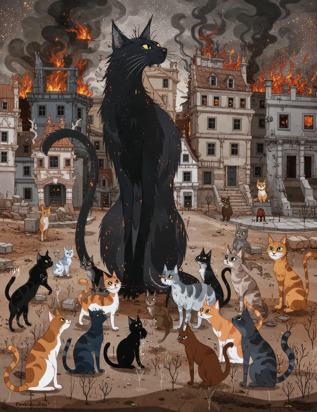 Whimsical, storybook-inspired folk art with flowing, dreamlike details. In a desolate, post-apocalyptic town square, where crumbling buildings and rubble-strewn streets bear witness to the devastating conflict, a sea of cats congregates, their eyes fixed on a singular, majestic figure: a towering black cat, its sleek fur a deep, matte black, with a subtle sheen that catches the fiery glow of the flames engulfing the surrounding structures. The black cat