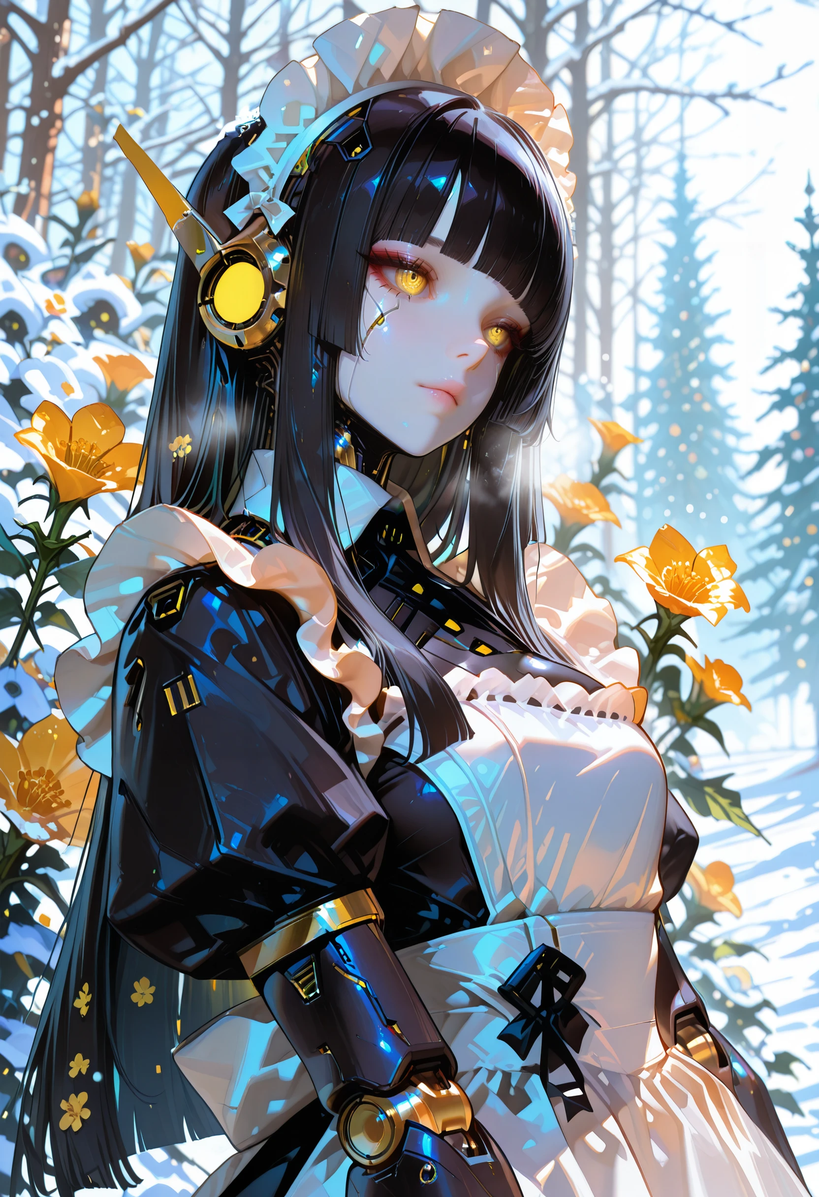 masterpiece, very aesthetic, best quality, absurdres, newest,
<lora:ILJABlH:1>
JABlH, 1girl, black hair, maid headdress, yellow eyes, long hair, sidelocks, robot ears, android, blunt bangs