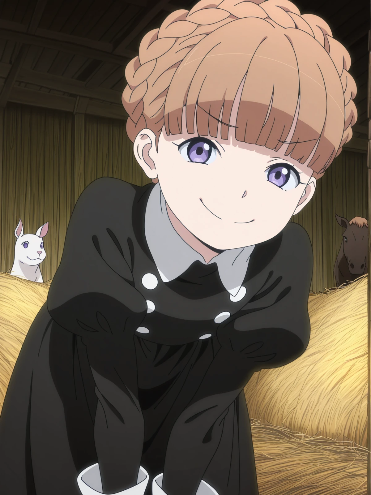 masterpiece, best quality, amazing quality,, <lora:eddelrittuo-s1-illustriousxl-lora-nochekaiser:1>, eddelrittuo, bangs, brown hair, purple eyes, braid, blunt bangs, anime screencap, long sleeves, dress, puffy sleeves, black dress, maid, , smug,, barn, animals, hay, farming, rural, cowboy shot, solo, looking at viewer,
