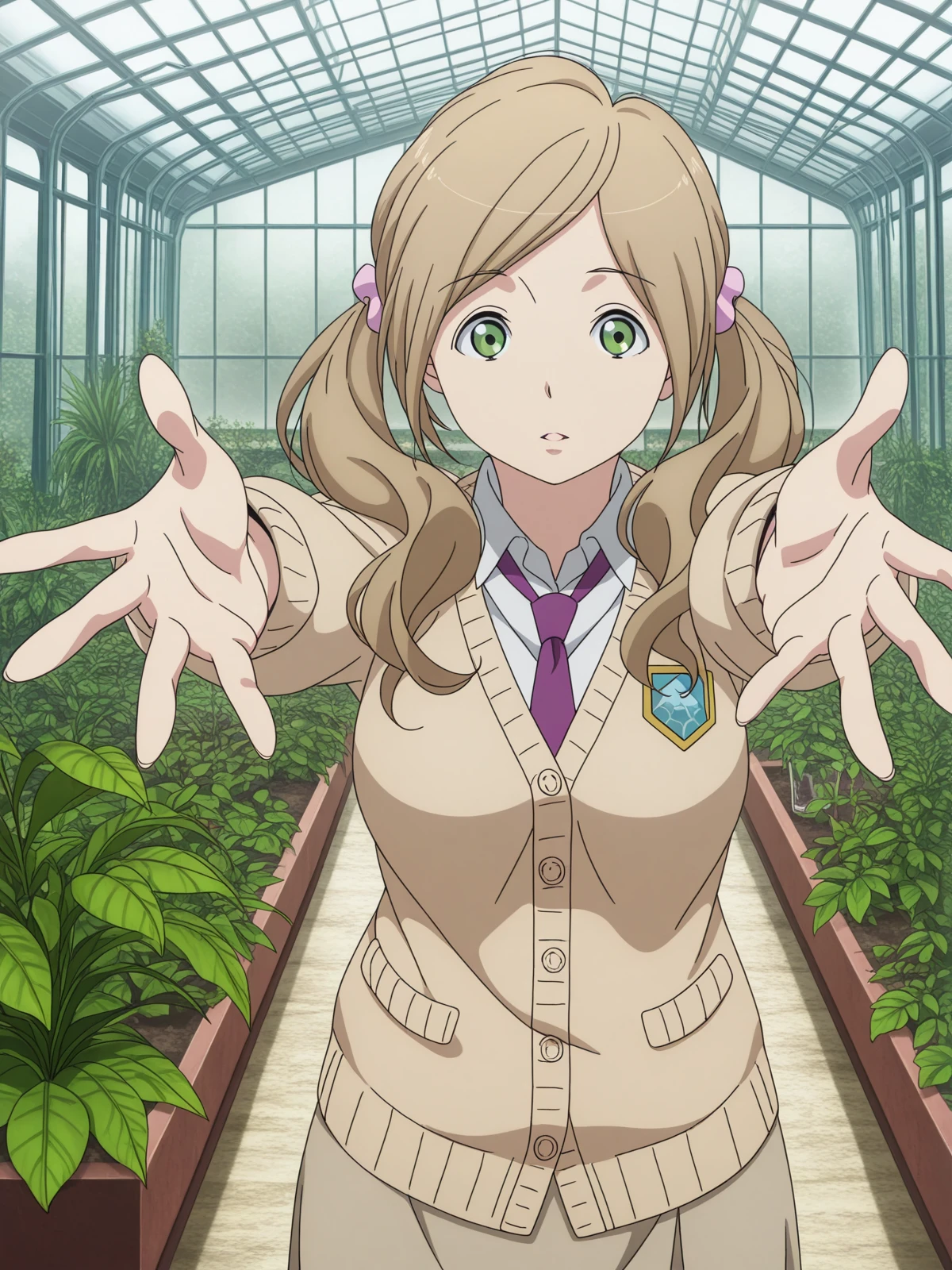 masterpiece, best quality, amazing quality,, <lora:nina-klein-s1-illustriousxl-lora-nochekaiser:1>, nina klein, long hair, brown hair, green eyes, twintails, scrunchie, mature female, medium breasts, anime screencap,, skirt, necktie, cardigan, necktie,, on back, arm support, arms up, incoming hug, pov, reaching, reaching towards viewer,, greenhouse, plants, glass, warm, growth, cowboy shot, solo, looking at viewer,