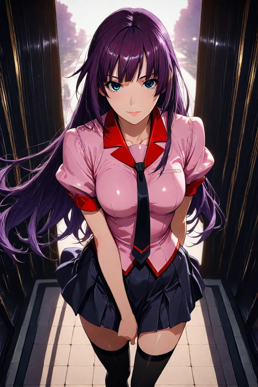 hitagi senjougahara, bangs, long hair, blue eyes, purple hair,skirt, thighhighs, school uniform, necktie, black thighhighs, zettai ryouiki, naoetsu high school uniform, 1girl, solo, alone,<lora:elegant_waifu_style_illustriousXL-000031:1>, elegant_waifu_style, masterpiece, highres