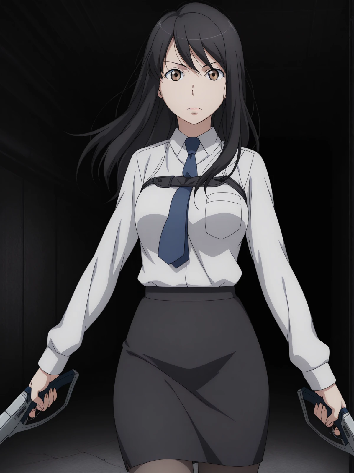 masterpiece, best quality, amazing quality,, <lora:yuki-kaizuka-s1-illustriousxl-lora-nochekaiser:1>, yuki kaizuka, long hair, black hair, brown eyes, mature female, medium breasts, anime screencap,, skirt, pantyhose, necktie, pencil skirt, long sleeves, collared shirt,, <lora:dynamic-pose-illustriousxl-lora-nochekaiser:1>, dynamic pose, holding weapon, weapon, holding, dual wielding, cowboy shot, bunker, underground, secure, concrete, dark, cowboy shot, solo, looking at viewer, <lora:transparent-background-illustriousxl-lora-nochekaiser:1>, transparent background, simple background, white background