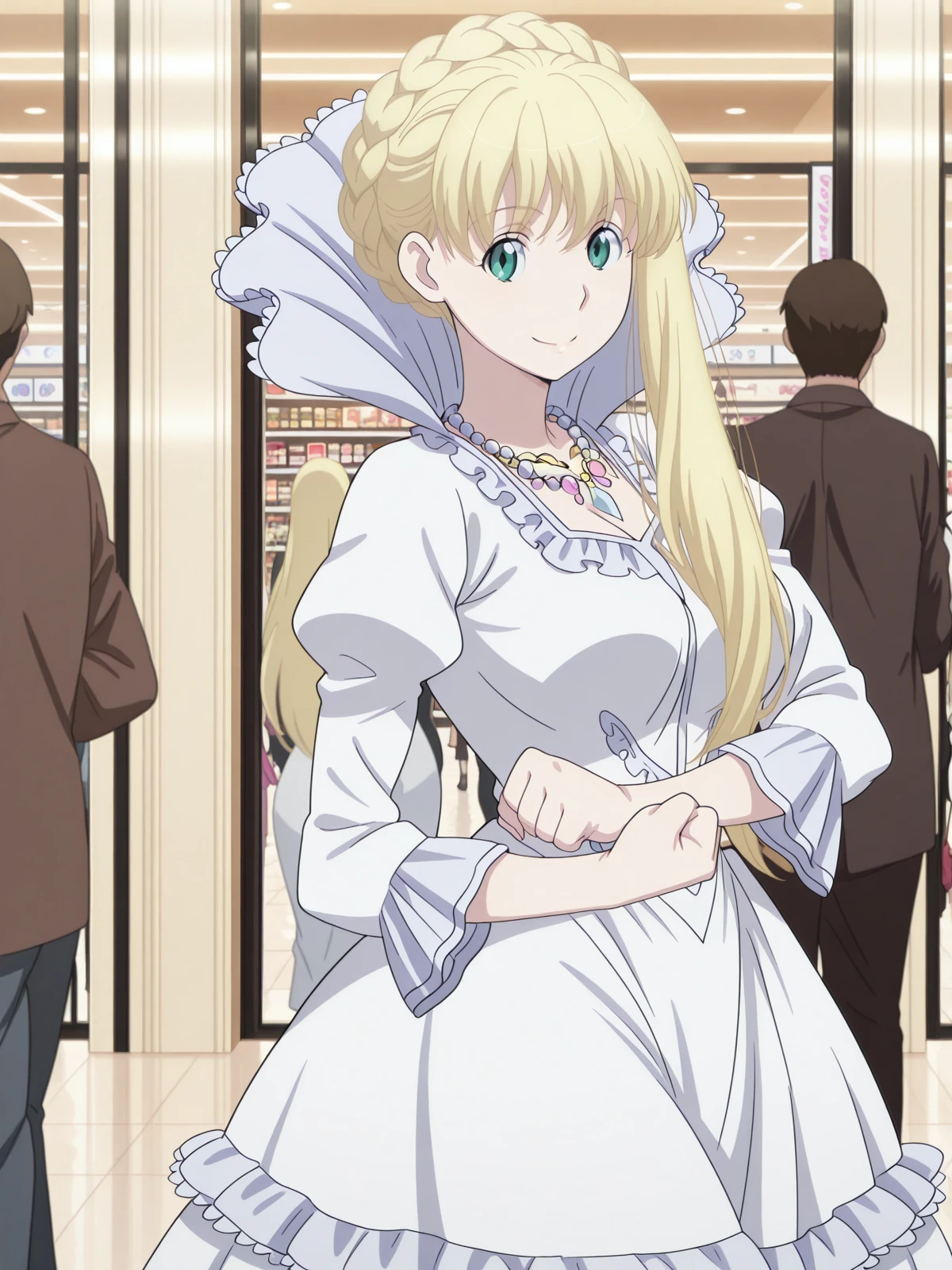 masterpiece, best quality, amazing quality,, <lora:asseylum-vers-allusia-s1-illustriousxl-lora-nochekaiser:1>, asseylum vers allusia, long hair, blonde hair, green eyes, braid, mature female, medium breasts, anime screencap,, dress, jewelry, necklace, white dress, frills, puffy sleeves, frilled skirt,, <lora:side-chest-pose-illustriousxl-lora-nochekaiser:1>, side chest pose, solo, looking at viewer, smile, hands up, clenched fist, grabbing own arm,, mall, shops, people, shopping, big, cowboy shot, solo, looking at viewer,