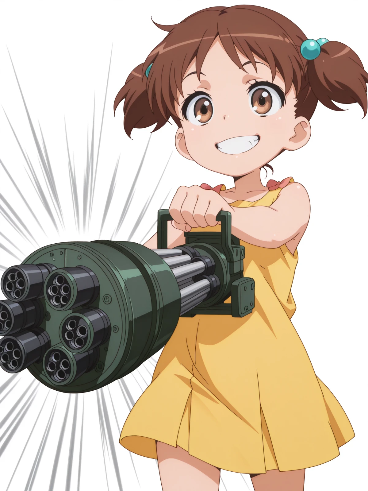masterpiece, best quality, amazing quality,, <lora:kana-hazamaya-s1-illustriousxl-lora-nochekaiser:1>, kana hazamaya, short hair, brown hair, hair ornament, twintails, brown eyes, hair bobbles, short twintails, anime screencap, dress, sleeveless, yellow dress, <lora:gatling-gun-illustriousxl-lora-nochekaiser:1>, gatling gun, gun, holding, holding gun, holding weapon, minigun, solo, grin, teeth, cowboy shot, simple background, speed lines,, shack, small, wood, old, rural, cowboy shot, solo, looking at viewer, <lora:transparent-background-illustriousxl-lora-nochekaiser:1>, transparent background, simple background, white background