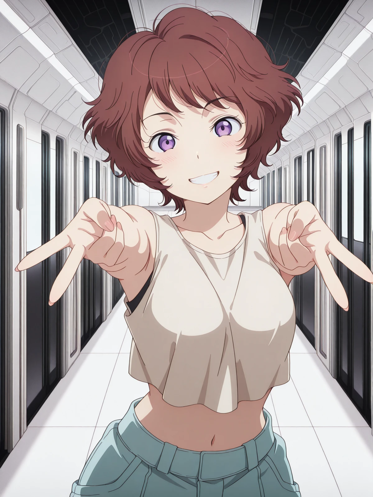 masterpiece, best quality, amazing quality,, <lora:rayet-areash-s1-illustriousxl-lora-nochekaiser:1>, rayet areash, short hair, brown hair, purple eyes, red hair, medium breasts, anime screencap,, collarbone, midriff, tank top, jumpsuit, <lora:gyaru-v-illustriousxl-lora-nochekaiser:1>, gyaruv, solo, looking at viewer, blush, smile, upper body, teeth, grin, v,, airport, planes, passengers, terminal, security, cowboy shot, solo, looking at viewer, <lora:transparent-background-illustriousxl-lora-nochekaiser:1>, transparent background, simple background, white background