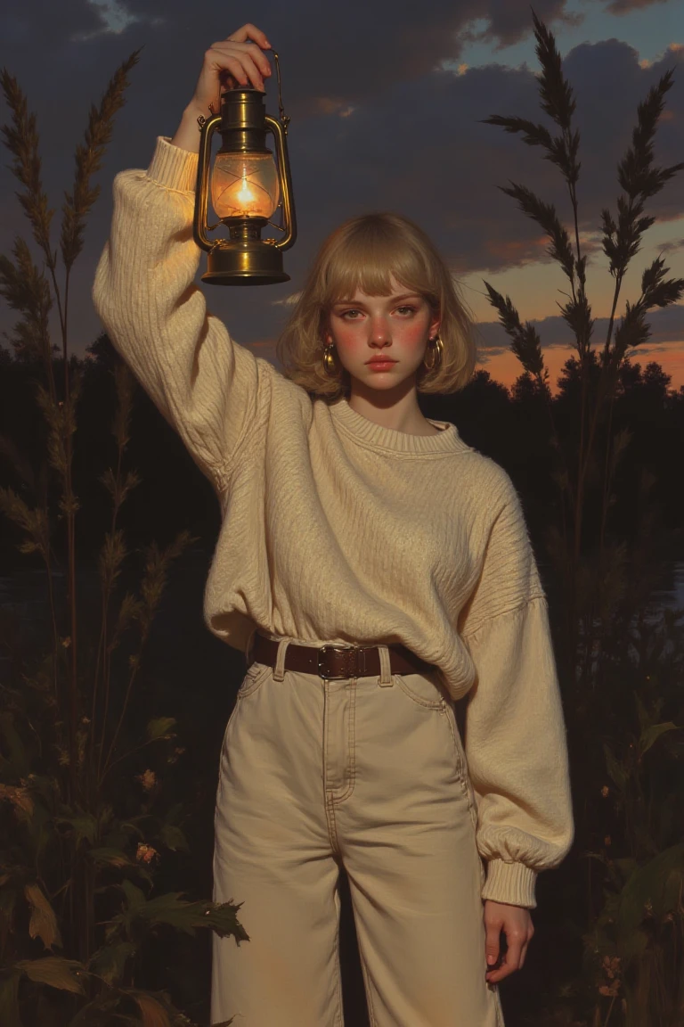 portpaintstudy, A hyper-realistic digital artwork depicting a young woman holding a vintage metal lantern aloft in her right hand, its golden light softly illuminating her serene, contemplative expression. She stands centrally in the composition, her short, light brown hair with bangs framing her face, accentuated by large, round hoop earrings that catch the glow. She wears a chunky, cream-colored knit sweater, oversized to enhance the rustic, cozy ambiance. Her stance is dynamic yet poised, with her left hand resting gently at her side, creating an avant-garde, introspective vibe. The background features tall, dark grasses and reeds, silhouetted against a gradient evening sky that transitions from deep blue to darker tones, evoking the quiet mystery of a lakeside or marshland at twilight. The lantern's old-fashioned design, with a clear glass globe encasing a flickering flame, bathes her figure in a warm, inviting radiance, forming a striking interplay of light and shadow. The scene draws inspiration from the works of Norman Rockwell for its nostalgic realism, combined with a cinematic approach reminiscent of Gregory Crewdson, emphasizing the tranquil yet dramatic atmosphere. The image incorporates a rich palette of golden warmth against the cool blues of the night, with hyper-definition rendering bringing out every intricate texture and detail.