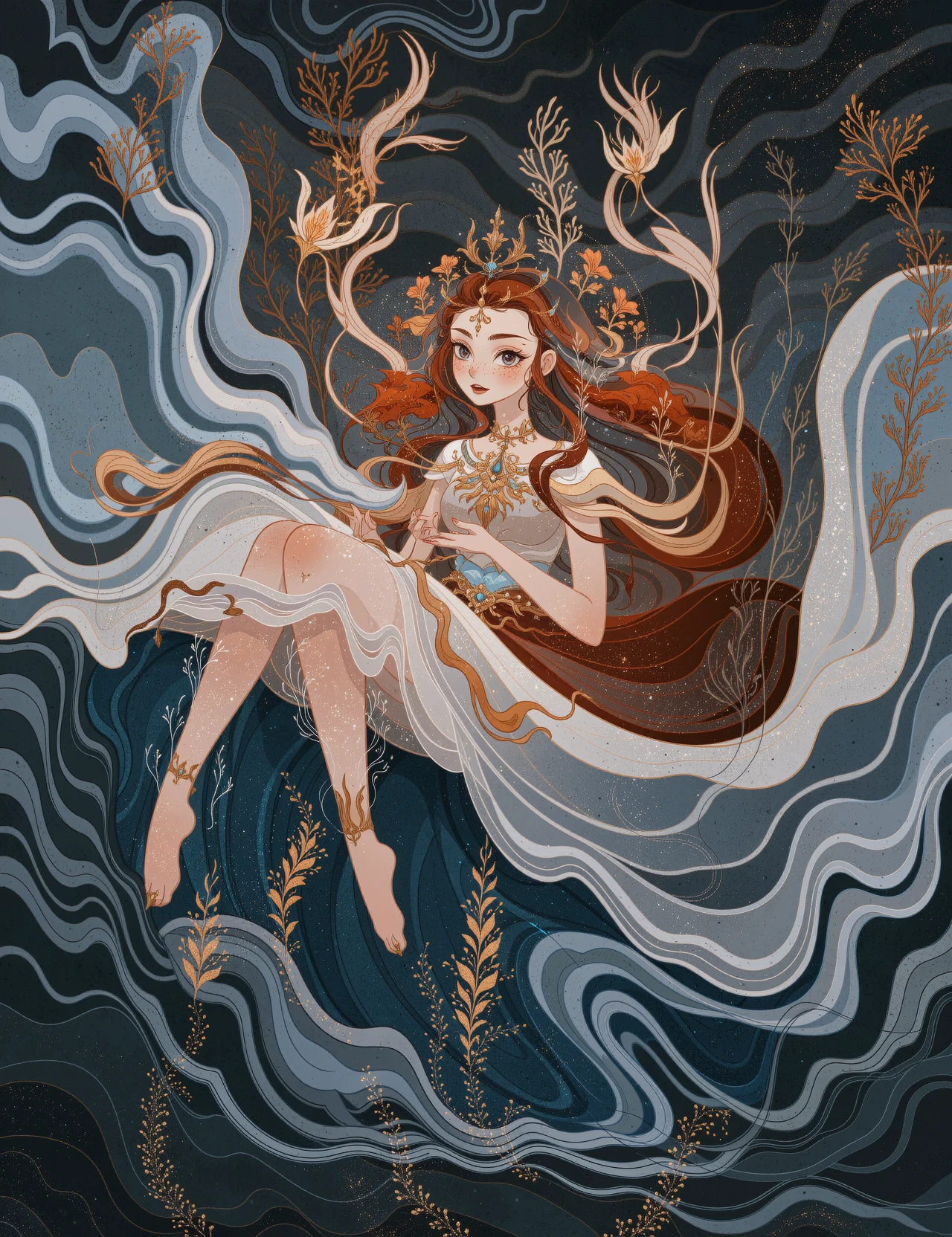 Whimsical, storybook-inspired folk art with flowing, dreamlike details. In a mesmerizing, low-angle shot, a slender, athletic young woman with a radiant, porcelain-smooth complexion and fine, scattered freckles across the bridge of her nose is suspended in mid-air, her entire body aglow with a soft