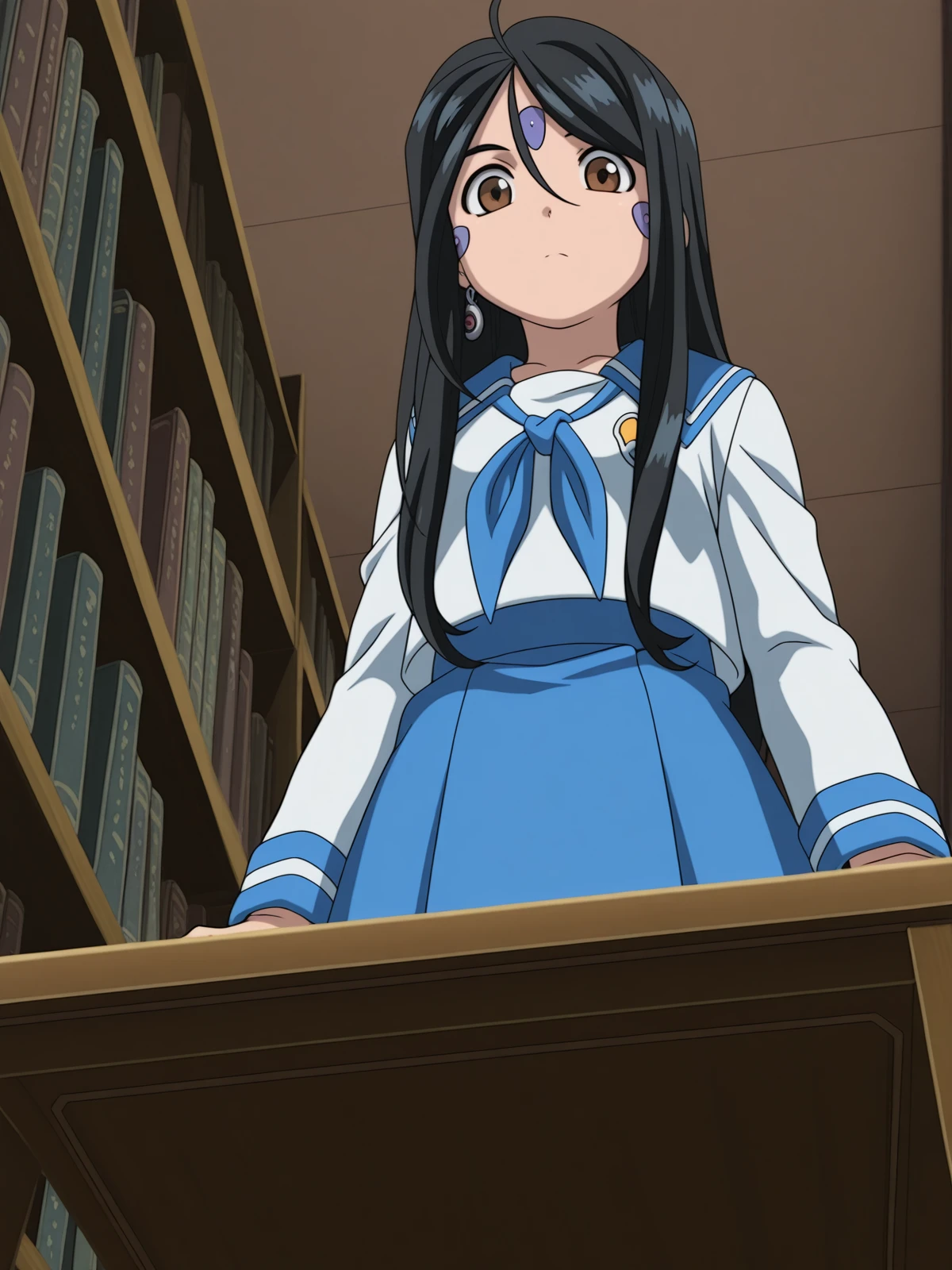 masterpiece, best quality, amazing quality,, <lora:skuld-s2-illustriousxl-lora-nochekaiser:1>, skuld, long hair, black hair, ahoge, facial mark, hair between eyes, brown eyes, anime screencap,,  serafuku, sailor collar, blue sailor collar, skirt, blue skirt, long sleeves,, from below, library, shelves, books, tables, quiet, cowboy shot, solo, looking at viewer,