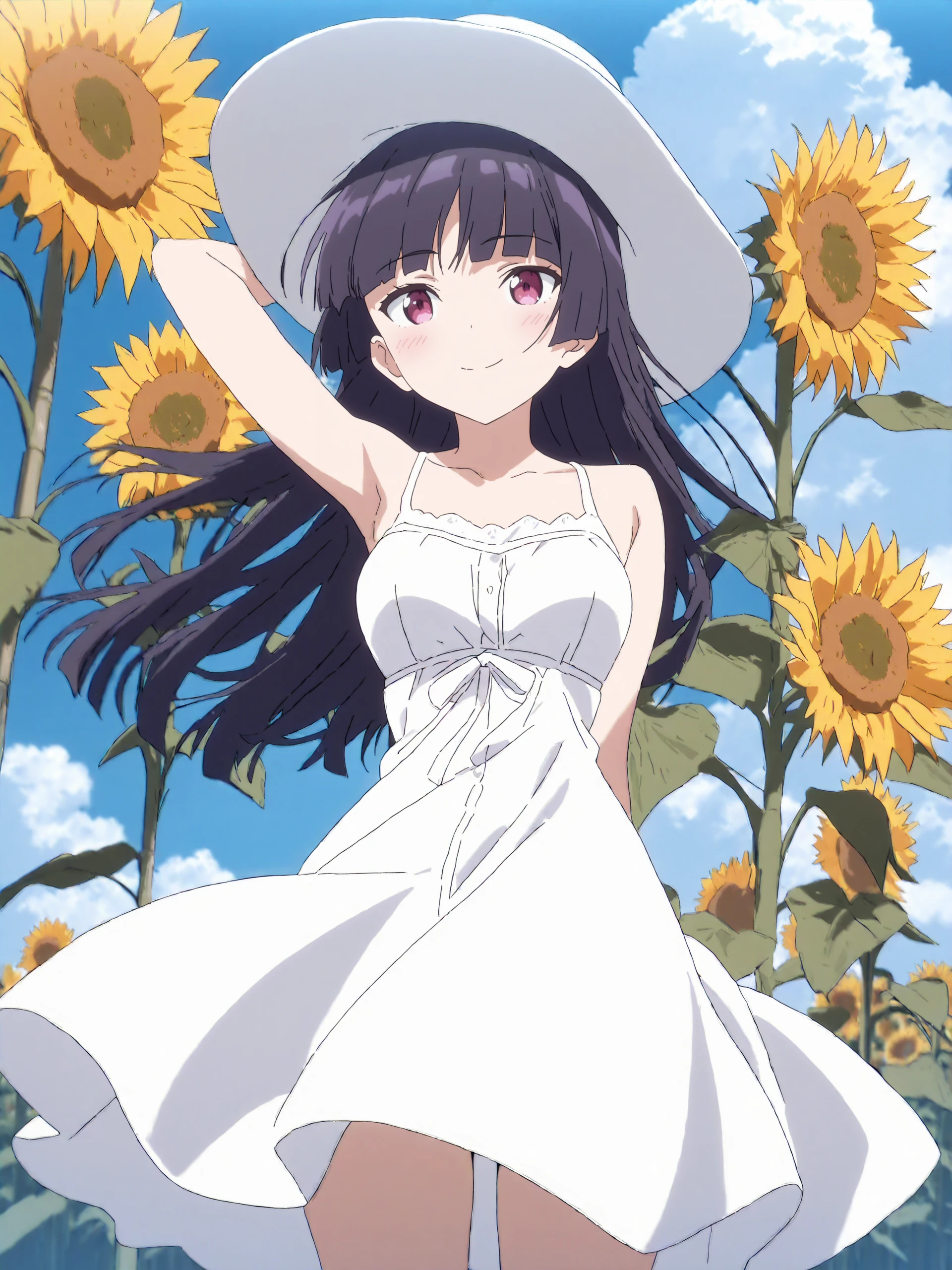 masterpiece, high score, great score, absurdres, anime screenshot, anime coloring, <lora:Char-Gokou_Ruri-V1-XL:1:hr=0.6>, 1girl, solo, gokou ruri, (white dress, sundress, chemise:1.2), floating hair, cheering, sunflower, outdoor, wind turbine, smile, sun hat, depth of field