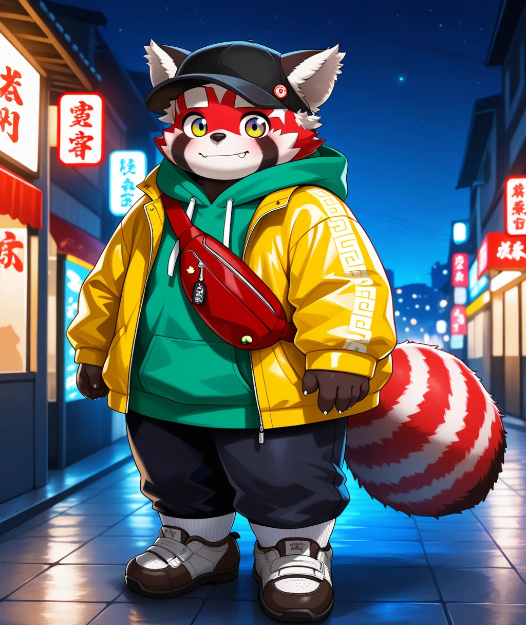 best quality, masterpiece, amazing quality, absurdres, newest, highres, dreamlike atmosphere, dreamlike majestic, night, detailed, detailed color,
<lora:zhurong-v1-15:1> tas-zhurongb, red_panda, 1boy, brown fur, chubby, young, aged_down:0.5,
, black cap, green hoodie, yellow jacket, jacket_over_hoodie, oversized jacket, red fanny_pack, shoulder_bag over clothes, shoulder fanny pack, (black_capri_pants), ((black-brown reebok shoes)), white_socks_with_yellow_trim, short_socks, jeans:0.5,