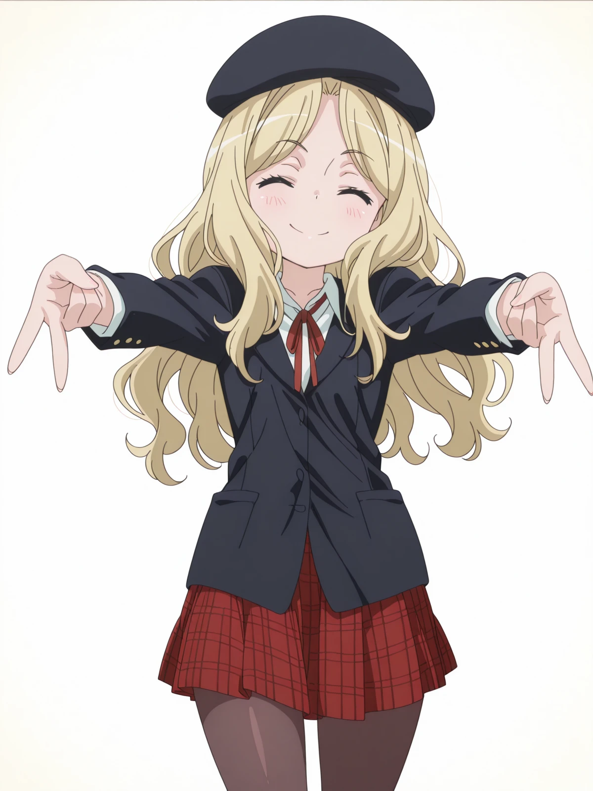 masterpiece, best quality, amazing quality,, <lora:frenda-seivelun-s3-illustriousxl-lora-nochekaiser:1>, frenda seivelun, long hair, blonde hair, black eyes, anime screencap, skirt, hat, ribbon, jacket, pantyhose, plaid, beret, plaid skirt, blazer,, <lora:double-gyaru-v-illustriousxl-lora-nochekaiser:1>, doublegyaruv, solo, looking at viewer, blush, smile, closed eyes, standing, cowboy shot, double v,, art gallery, paintings, sculptures, exhibits, quiet, cowboy shot, solo, looking at viewer, <lora:transparent-background-illustriousxl-lora-nochekaiser:1>, transparent background, simple background, white background