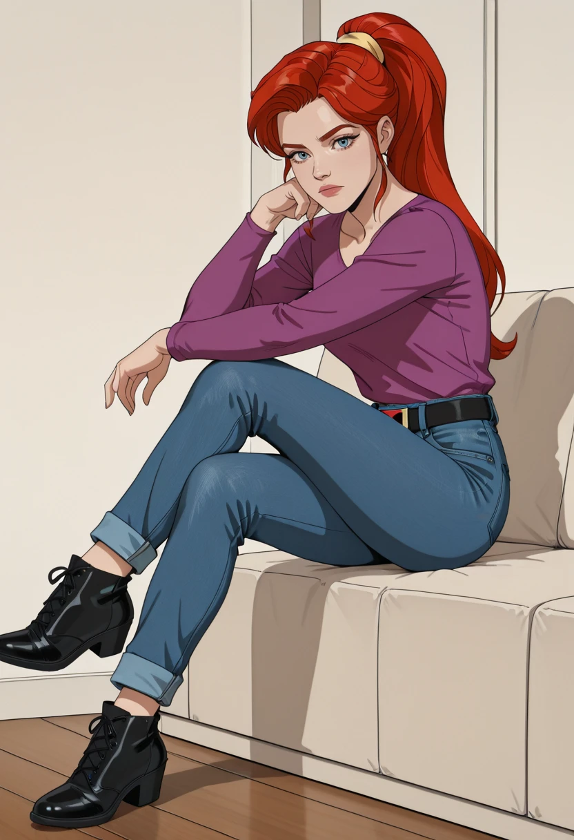 highres, absurdres, very aesthetic, masterpiece, perfect, best quality, perfect anatomy, 1girl, solo, jean grey, long hair, red hair, blue eyes, purple shirt, jeans, skinny jeans, black footwear, ankles, ponytail,  <lora:marvel_girl_anime_v3:0.8>, retro artstyle, simple coloring, sitting, leg crossed, look at the viewer,