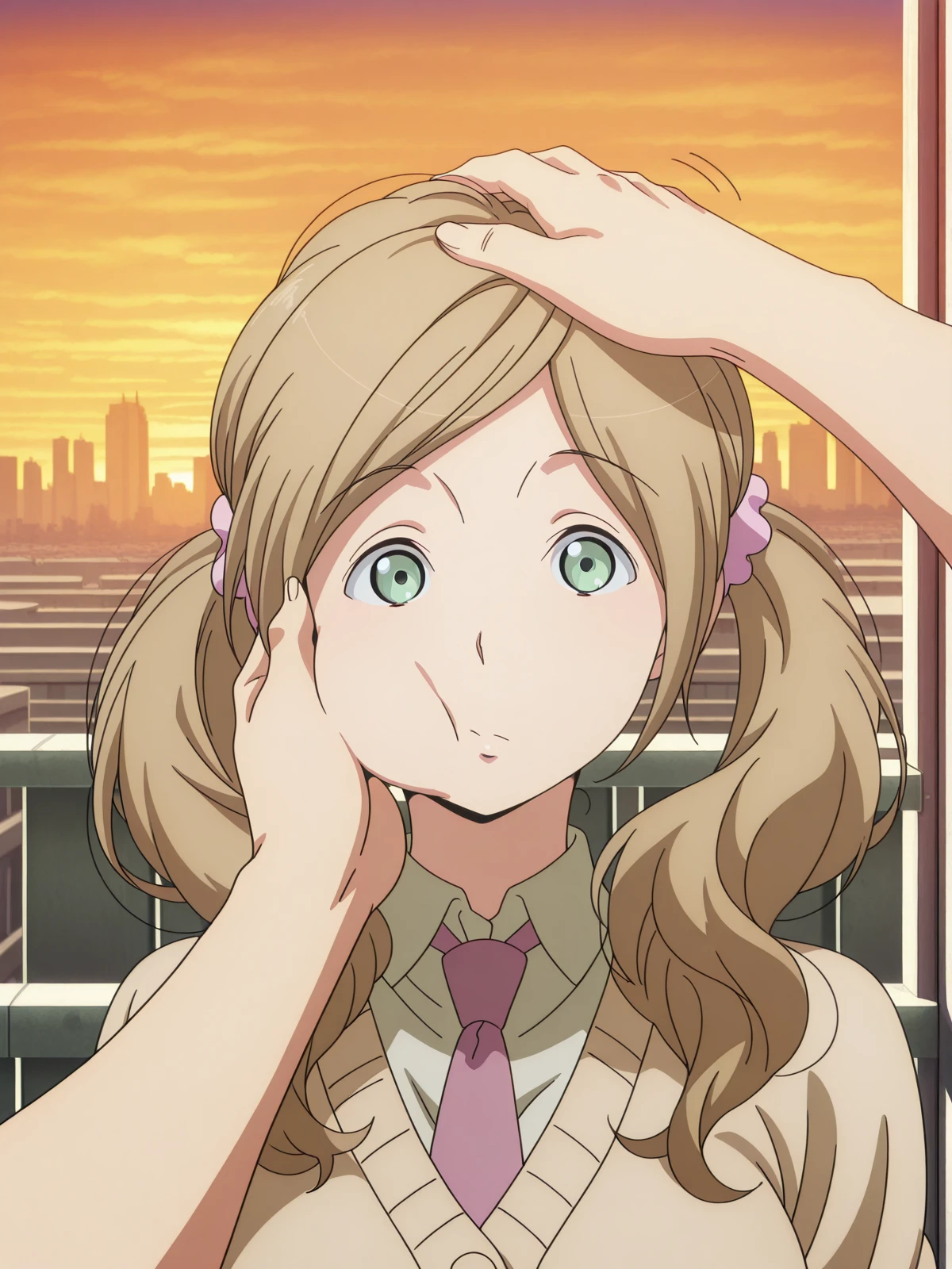 masterpiece, best quality, amazing quality,, <lora:nina-klein-s1-illustriousxl-lora-nochekaiser:1>, nina klein, long hair, brown hair, green eyes, twintails, scrunchie, mature female, medium breasts, anime screencap,, skirt, necktie, cardigan, necktie,, <lora:pov-cheek-and-head-pat-illustriousxl-lora-nochekaiser:1>, pov cheek and head pat, pov cheek and head pat (meme), looking at viewer, upper body, closed eyes, solo focus, pov, hand on another's head, pov hands, headpat, hand on another's face, hand on another's cheek, petting,, rooftop, sunset, cityscape, quiet moment, wind blowing, contemplative, cowboy shot, solo, looking at viewer,